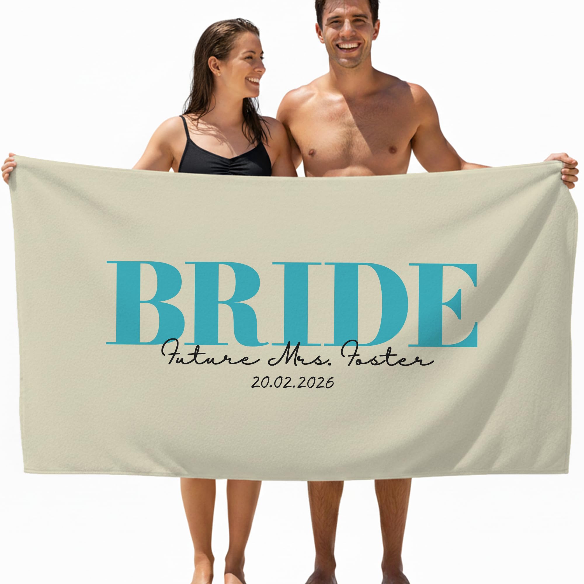 Print Maniacs Custom Bride Gift Beach Towel Personalised Name Date Microfibre Towel Large Quick Dry Lightweight Travel Towel Hen Party Honeymoon Wedding