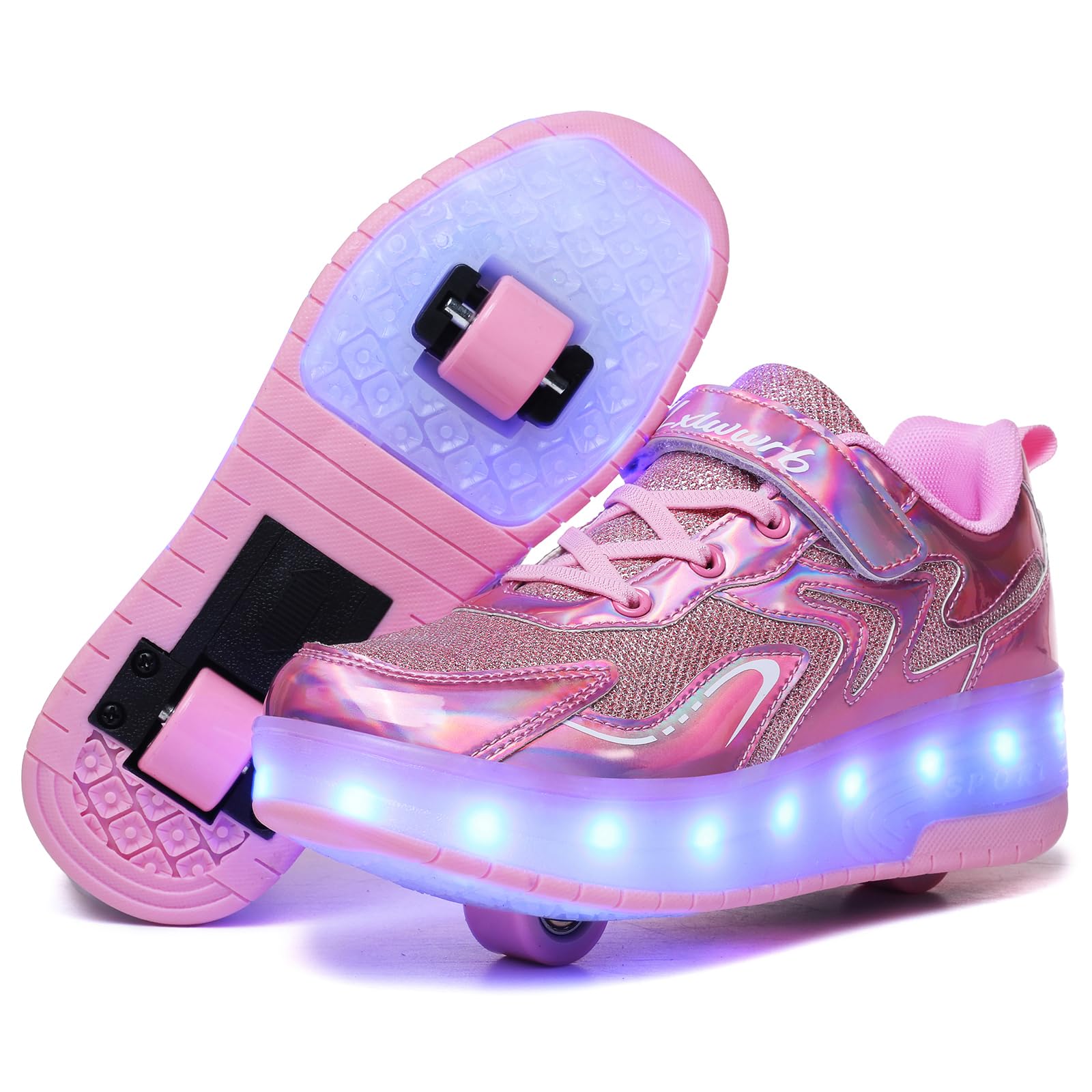 Wooowyet LED Roller Skate Shoes for Kids Boys Girls Light Up Fashion Sneakers Wheels Wheeled USB Rechargeable Hook&Loop Shiny Pink Little Kids Size 11