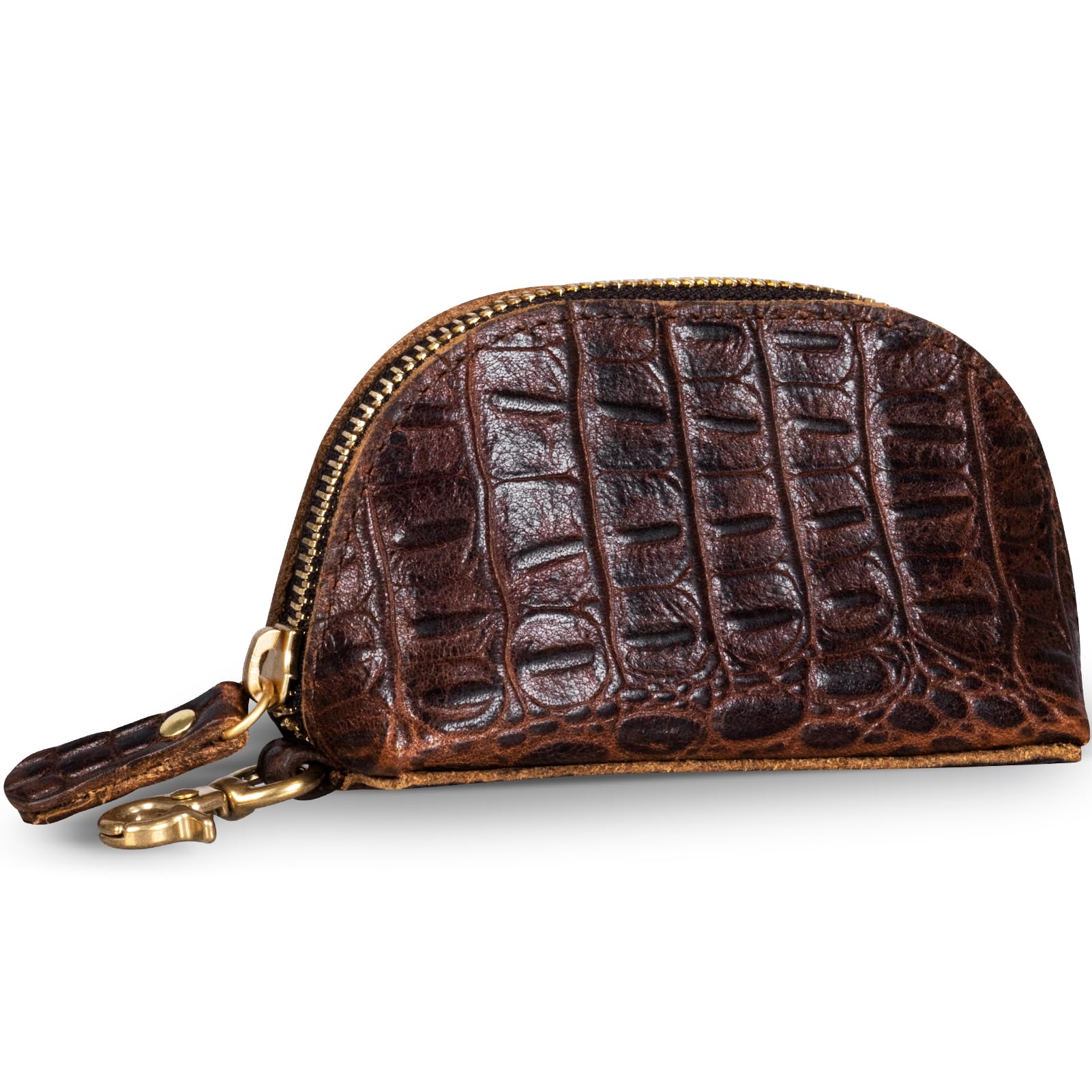 Gexmil Genuine Leather Coin Purse with Zipper, Full Grain Leather, Mini Coin Pouch for Women Men, Change Wallet,Crocodile Brown
