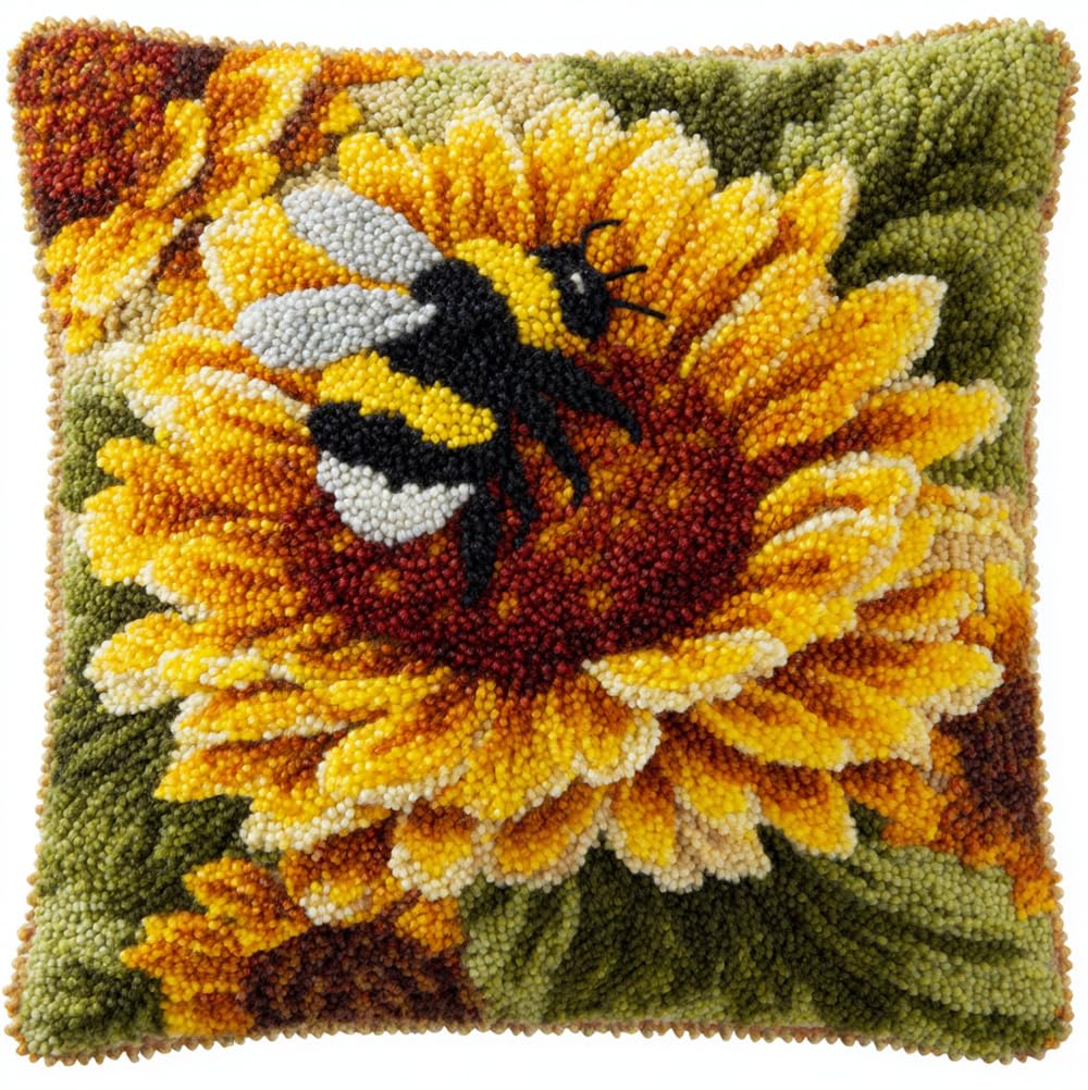 Rqwybcaxn Latch Hook Kits for Adults -Sunflower and Bee Latch Hook Pillow Kits for Kids, Crochet Yarn Kit for Beginners, DIY Needlework Crafts Cover Case with Printed Canvas 17X17Inch