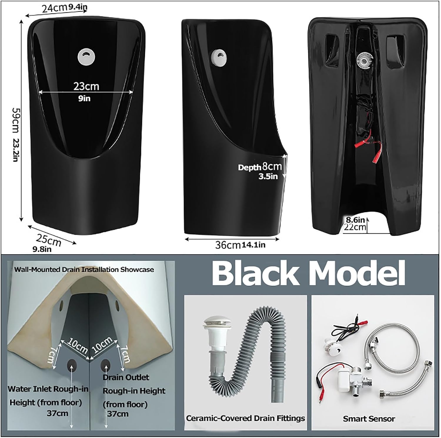 Corner Urinal for Men, Smart Automatic Sensor Flush Ceramic Urinal, Wall-Mounted Space-Saving Men's Urinals for Home, Hotel, and Commercial Bathroom(Black)