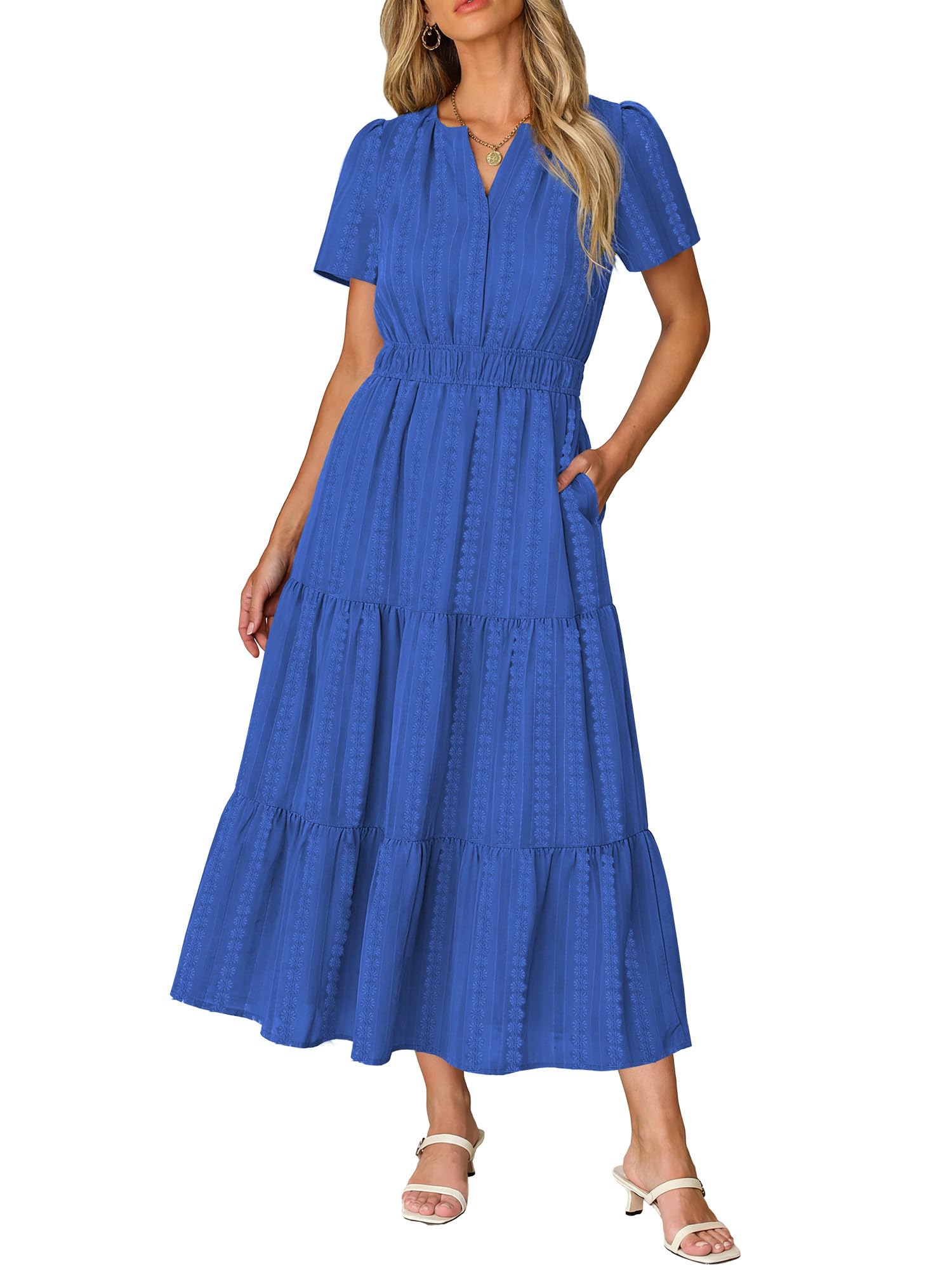 RUMIA Women Casual Midi Maxi Dresses Short Sleeve V Neck Elastic Waist Vacation Dress Pockets（S-2XL — view 12