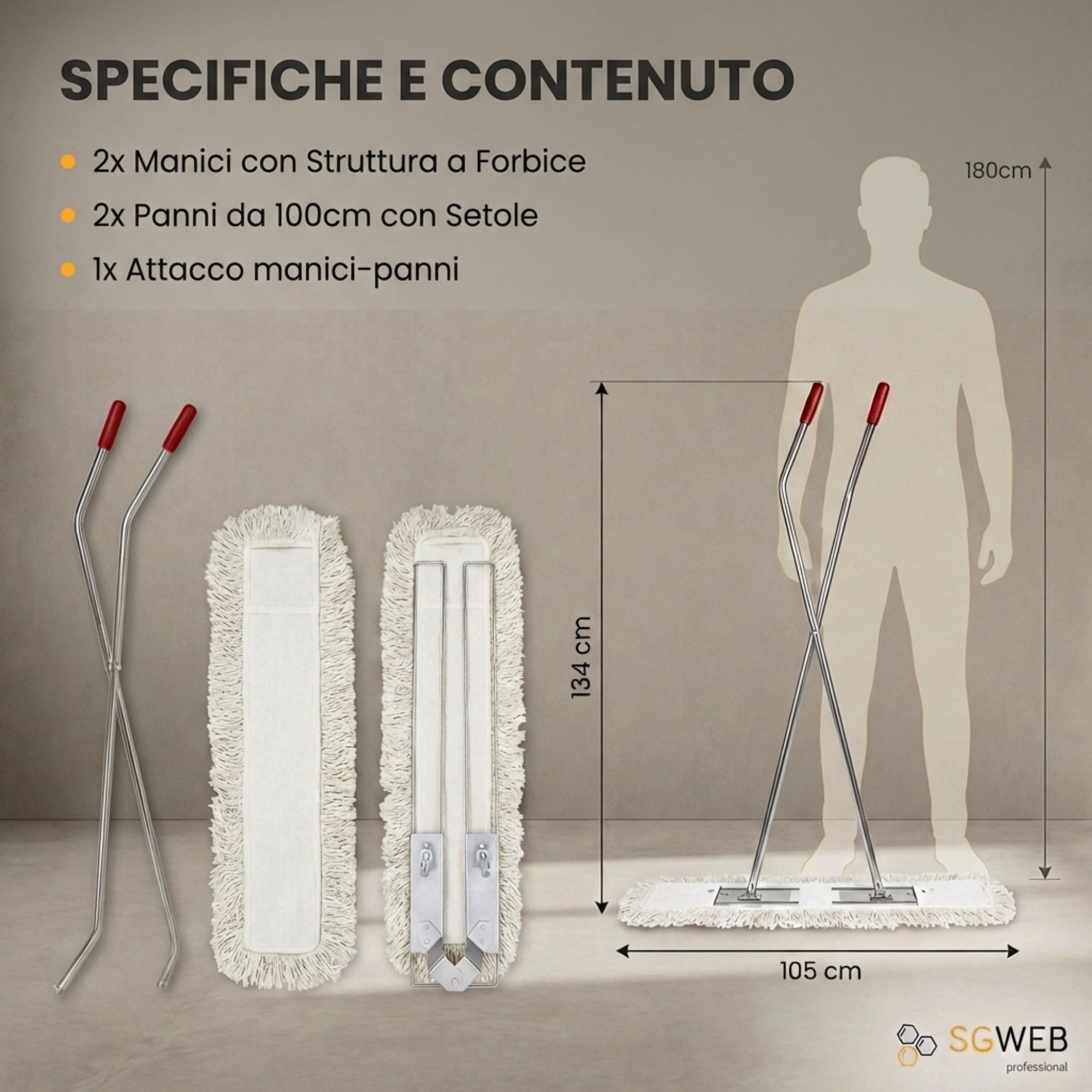Scopa industriale a forbice con panno da 100 cm - Scopa per grandi dimensioni con Doppia frangia in cotone lavabile - Sistema professionale per grandi superfici