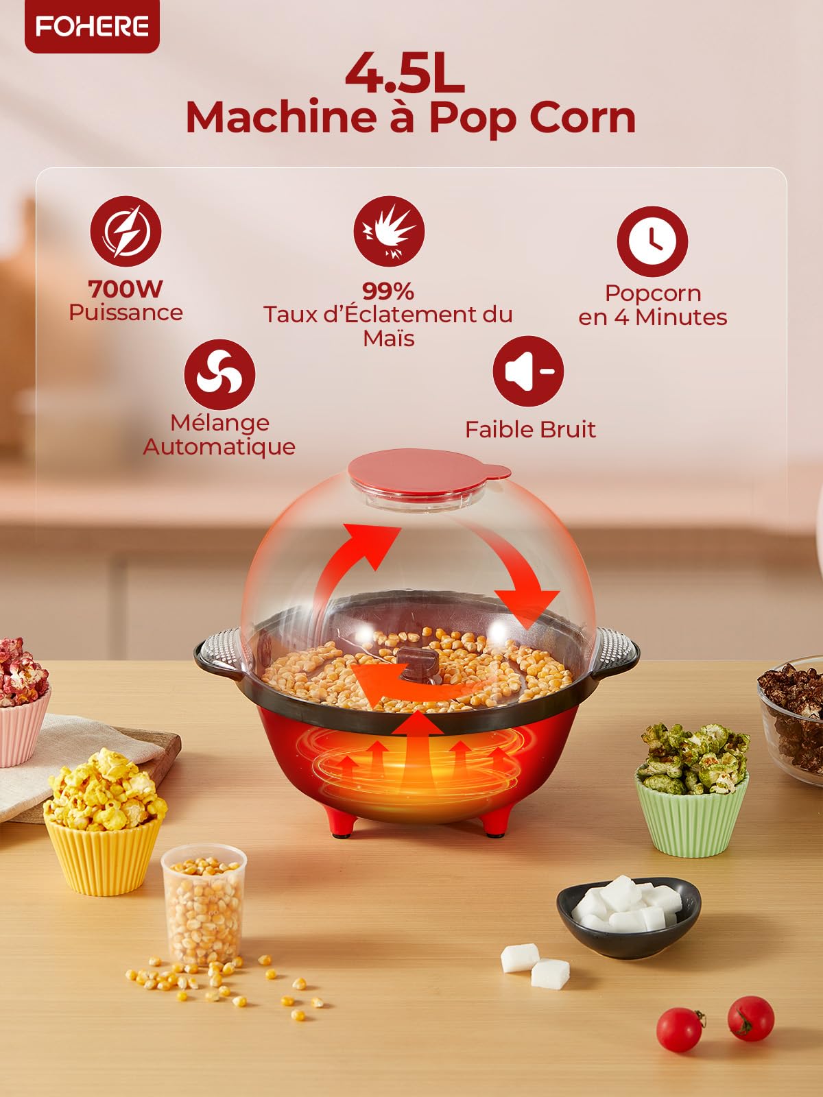 FOHERE 4,5L Machine à Pop Corn, 700W Popcorn Machine avec 2 Tasses à Mesurer pour Les Grains de Maïs, le Sucre et l'huile, Agitation Automatique, Idéal pour Les Vacances et Les Soirées Cinéma