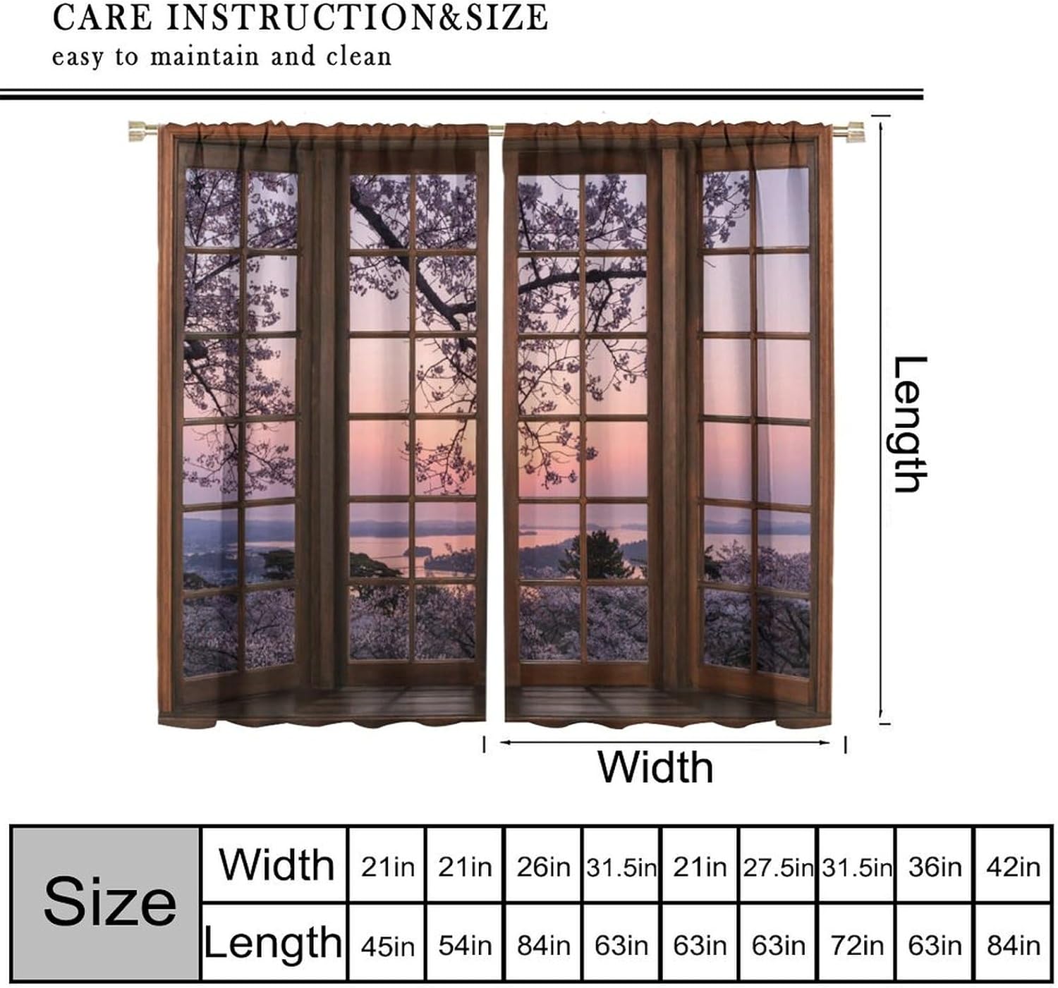 Cherry Blossom Sea Landscape Curtain Pink Flowers Nature Scenery Printed Rod Pocket Blackout Window Treatments for Girls Teens Bedroom Living Room 72" W X 63" L