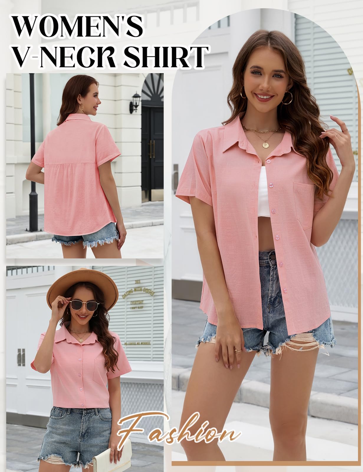 Camicia Donna Estiva Blusa Elegante Manica Corta Cotone Lino Camicetta da Donna Maglia Estive Maglietta Casual Scollo a V con Bottoni T Shirt Tinta Unita Classico Tops