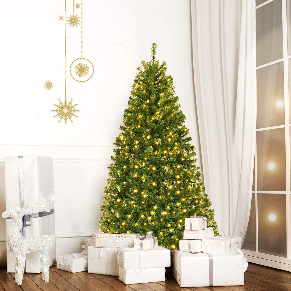 COSTWAY Albero di Natale 120/150/180/210 cm, Albero di Natale con Luci Incorporate 11 Modalità di Illuminazione, 300/600/1000/1570 Rami e Base in Metallo, Perfetta per Casa e Negozio (180cm)