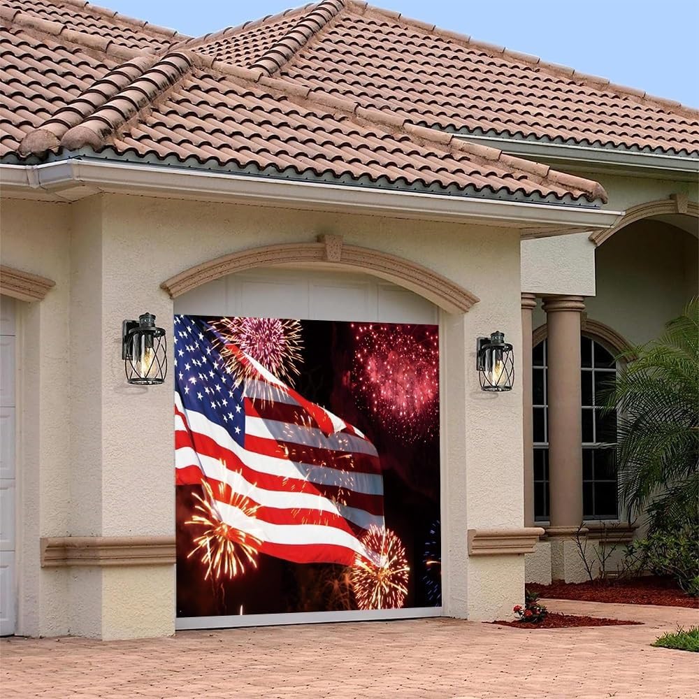 Leyiyi 7x8ft Fireworks American Flag Garage Door Decorations Patriotic 4th of July Garage Door Cover Independence Day Garage Door Banner for Memorial Veterans Day Labor Day Party Decoration