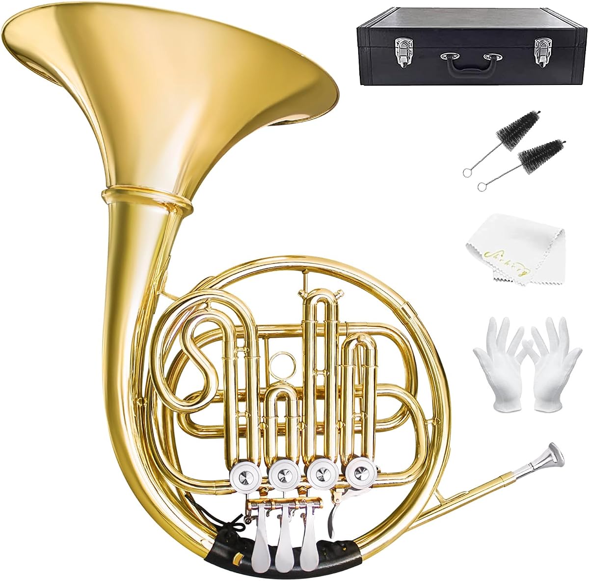 French Horn Bb 4 Key Single Row Gold Brass Student Horn w Hard Case | Premium Brass;Smooth Piston;Accurate Intonation