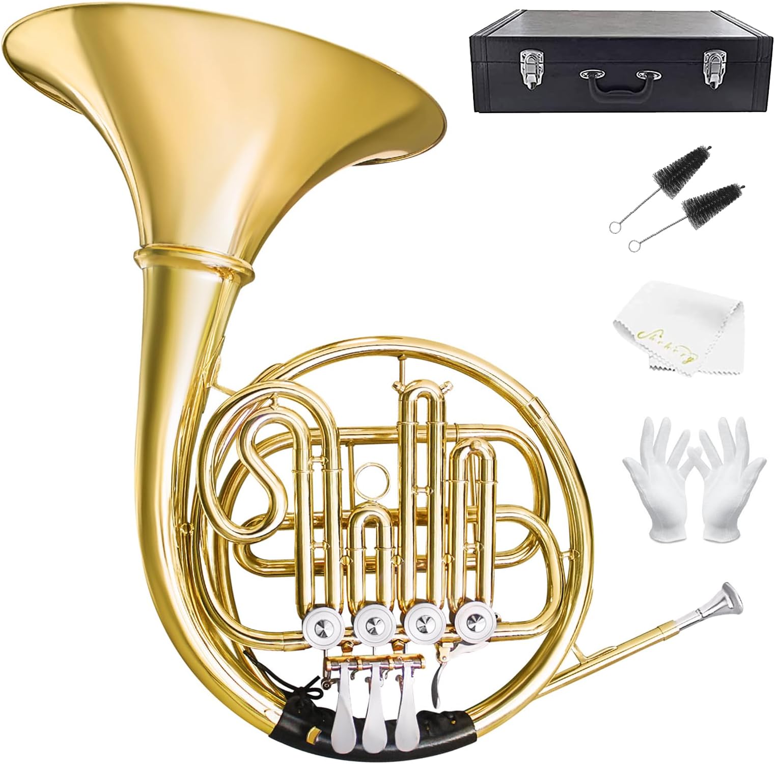 B Flat 4 Key Single Row French Horn, Lacquered Gold Brass F Horn with Hard Case, Professional Grade for Beginners, Students, Exams, Stage Performances, Orchestra Practice & Daily Training
