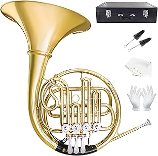 B Flat 4 Key Single Row French Horn, Lacquered Gold Brass F Horn with Hard Case, Professional Grade for Beginners, Students, Exams, Stage Performances, Orchestra Practice & Daily Training