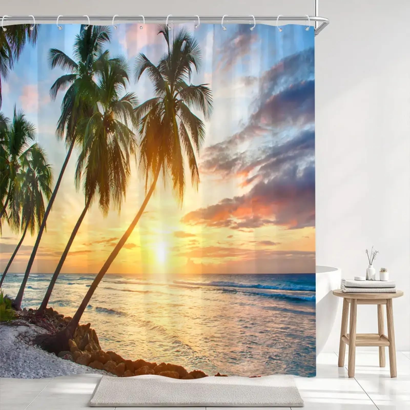 Rideau de douche en tissu polyester paysage de plage coucher de soleil 148x202cm