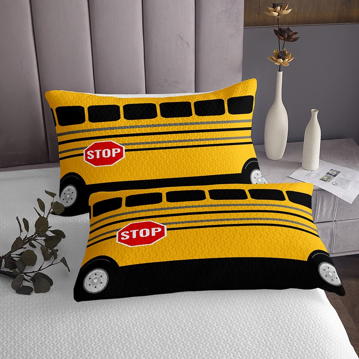 Juego de funda para autobús escolar, caricatura, para niños, niñas, coche, escolar, estilo infantil, lindo, acolchado, habitación de vehículo, 3 piezas, tamaño King