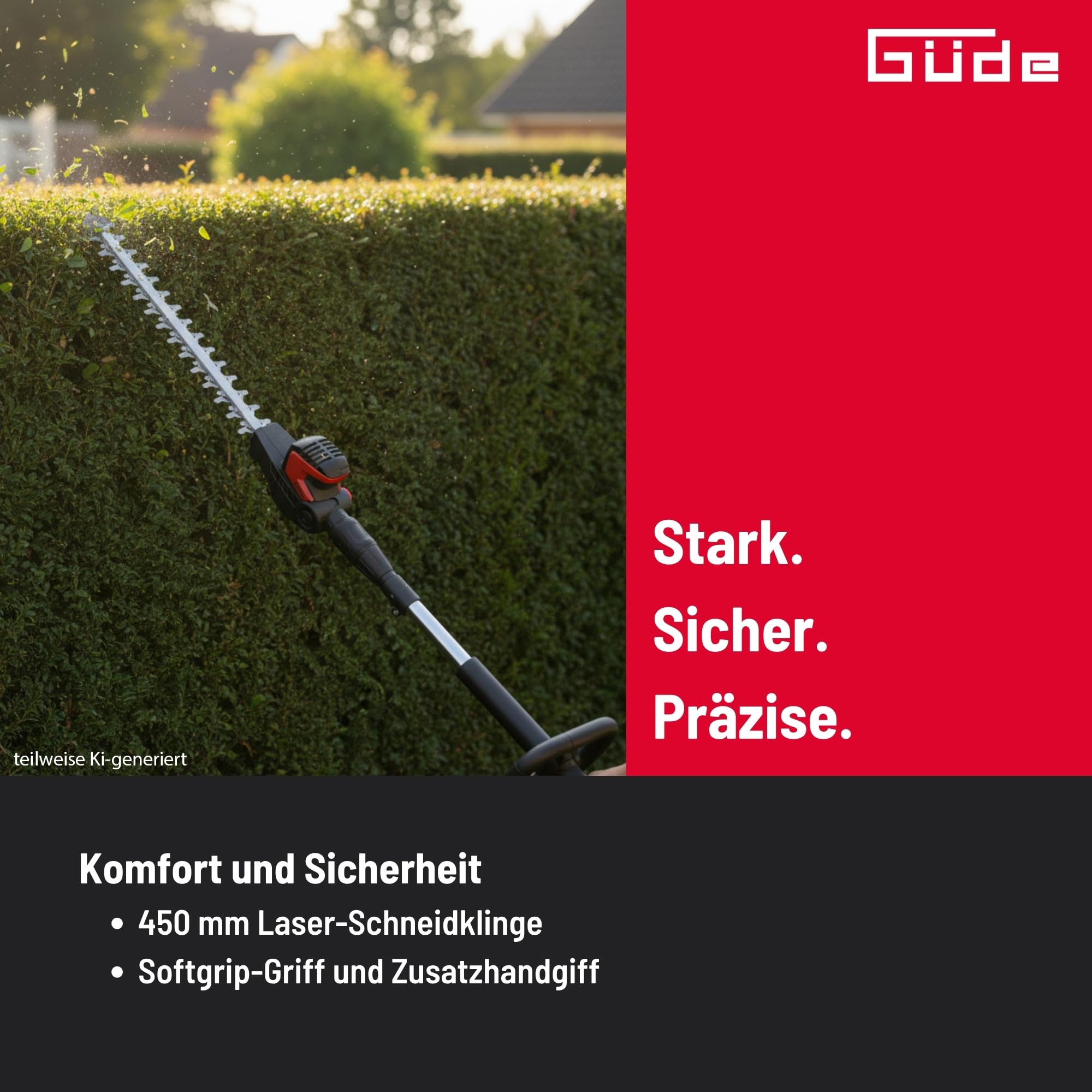 Güde GTHS 530-500 teleskopowe nożyce do żywopłotu, 230 V, moc silnika 500 W, długość cięcia 45 cm, grubość cięcia 1,8 cm, obrotowa głowica tnąca, długość całkowita do 2,6 m, szybkie zatrzymanie