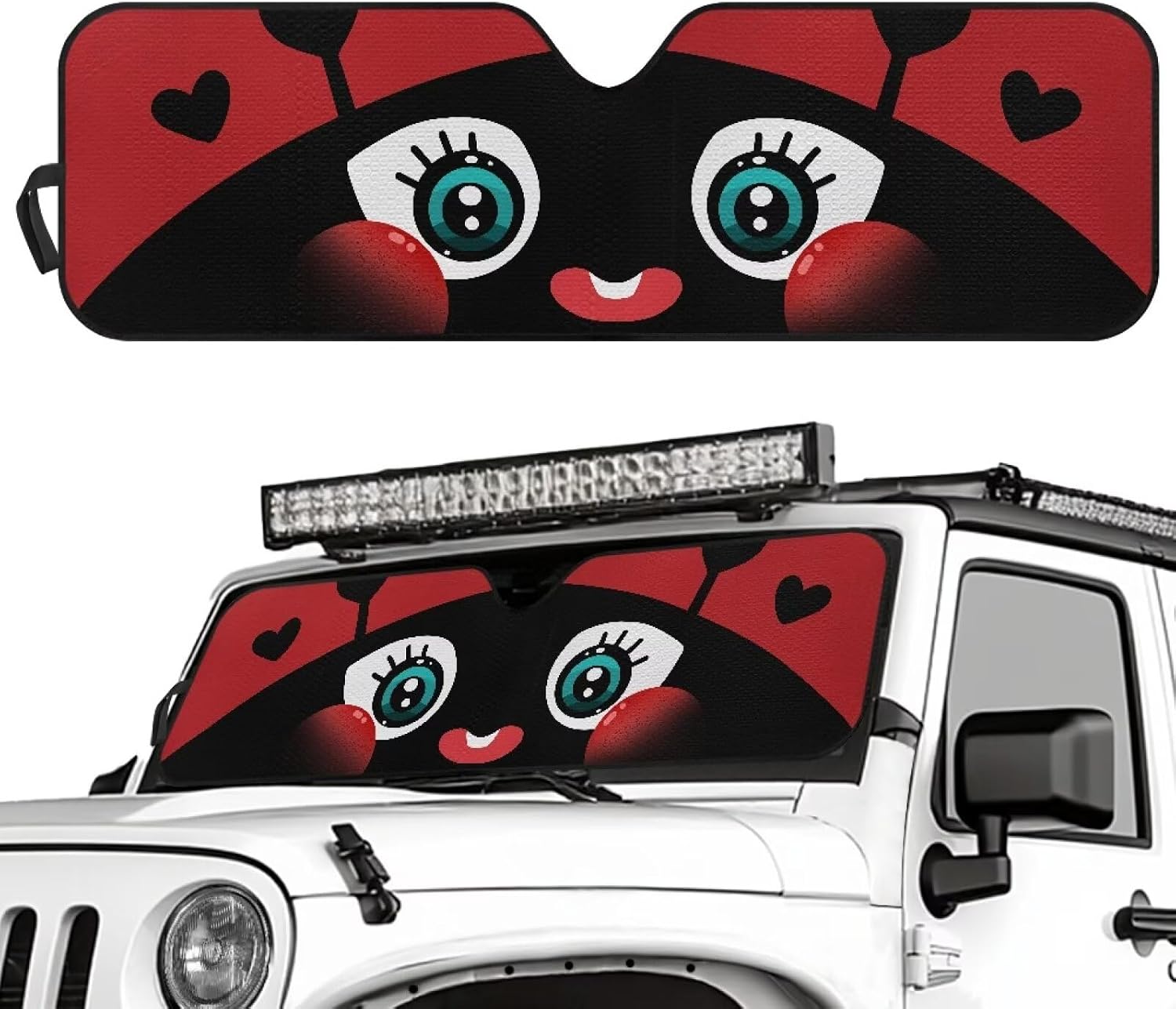 Cute Windshield Sun Shade Compatible with Jeep Wrangler JK JKU JL JLU 1997-2023 & Jeep Gladiator JT 2020-2023 16.5"x52.5" Ladybug Folding Front Window Sun Shade for Car Accessories