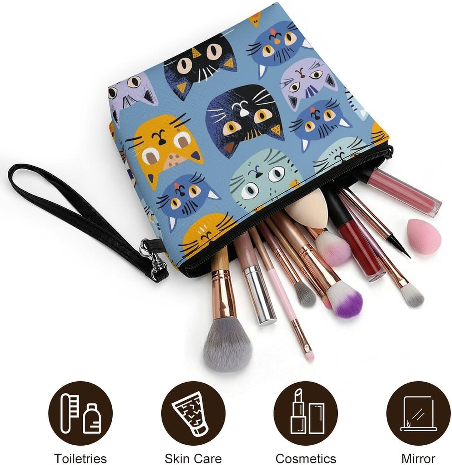 Blue Cat Pattern Travel Makeup Bag Large Capacity Toiletry Bag image 5