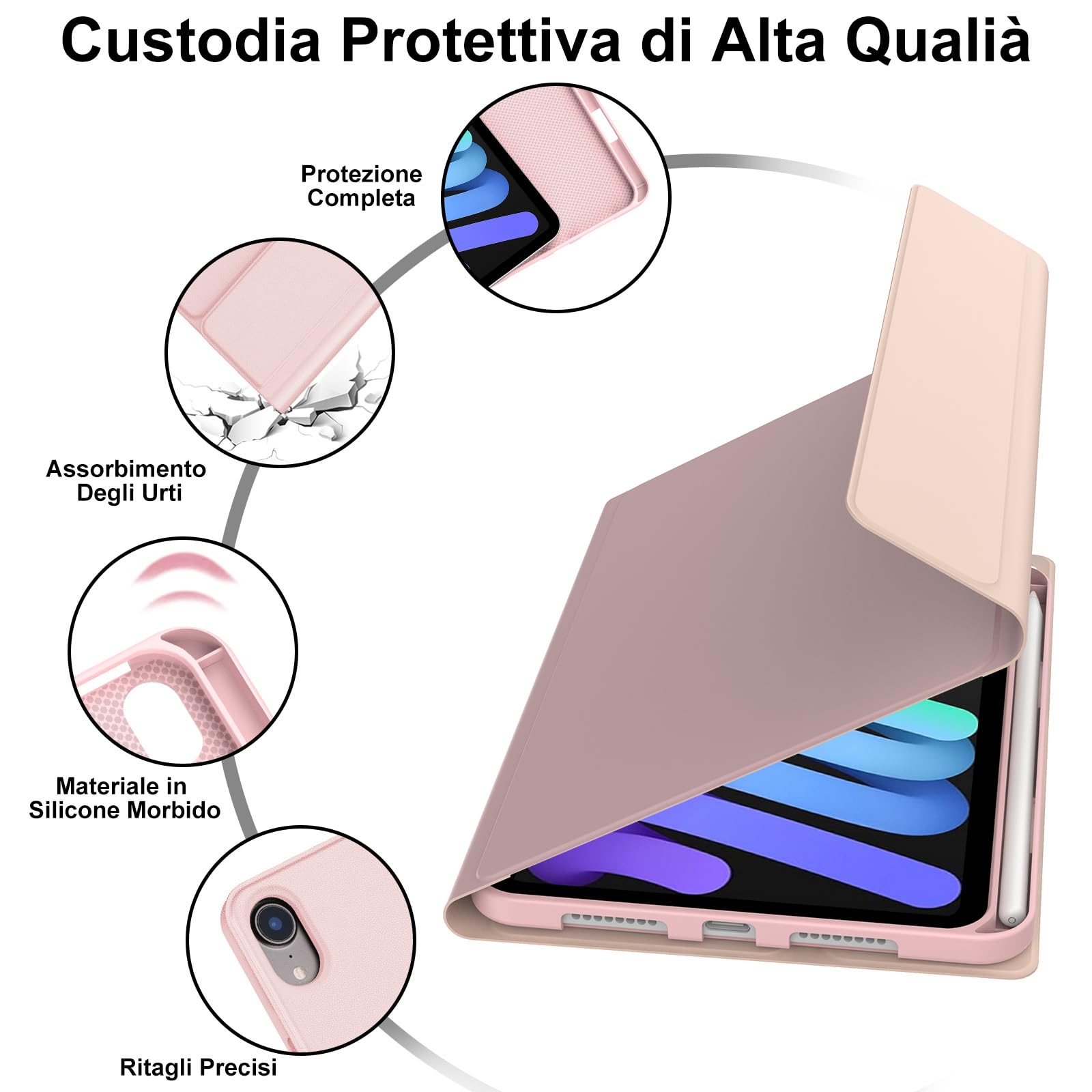 WINCHKING Tastiera per iPad Mini 7 2024/ Mini 6 2021, Custodia Tastiera per ipad Mini 7/6 Generazione 8,3", Cover Italiano QWERTY Bluetooth Keyboard per iPad Mini 6a/7a Generazione 8.3 Pollici, Rosa