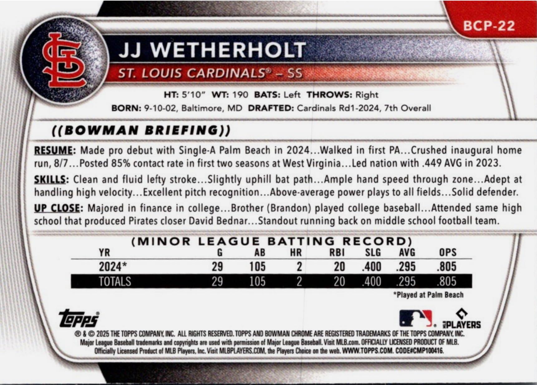 Amazon.com: 2025 Topps Bowman JJ Wetherholt #BCP22 Chrome