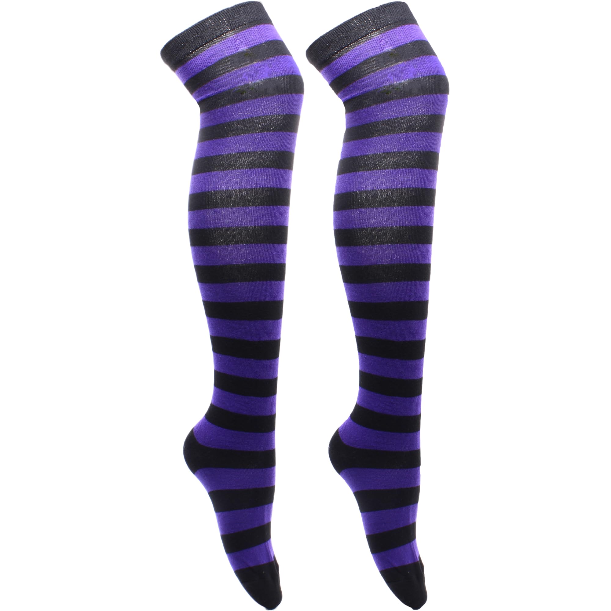 Cherry-On-Top Women's Black & Purple Stripe Knee Thigh High Sock Cheerleader Pub Golf Fancy Dress Stripe Socks Black Purple Stripe