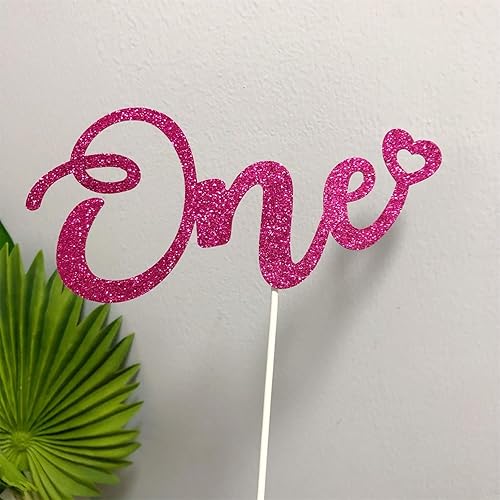 Miniatura 8 de ALISSAR Decoración de pastel rosa intenso con purpurina para primer cumpleaños, primer aniversario