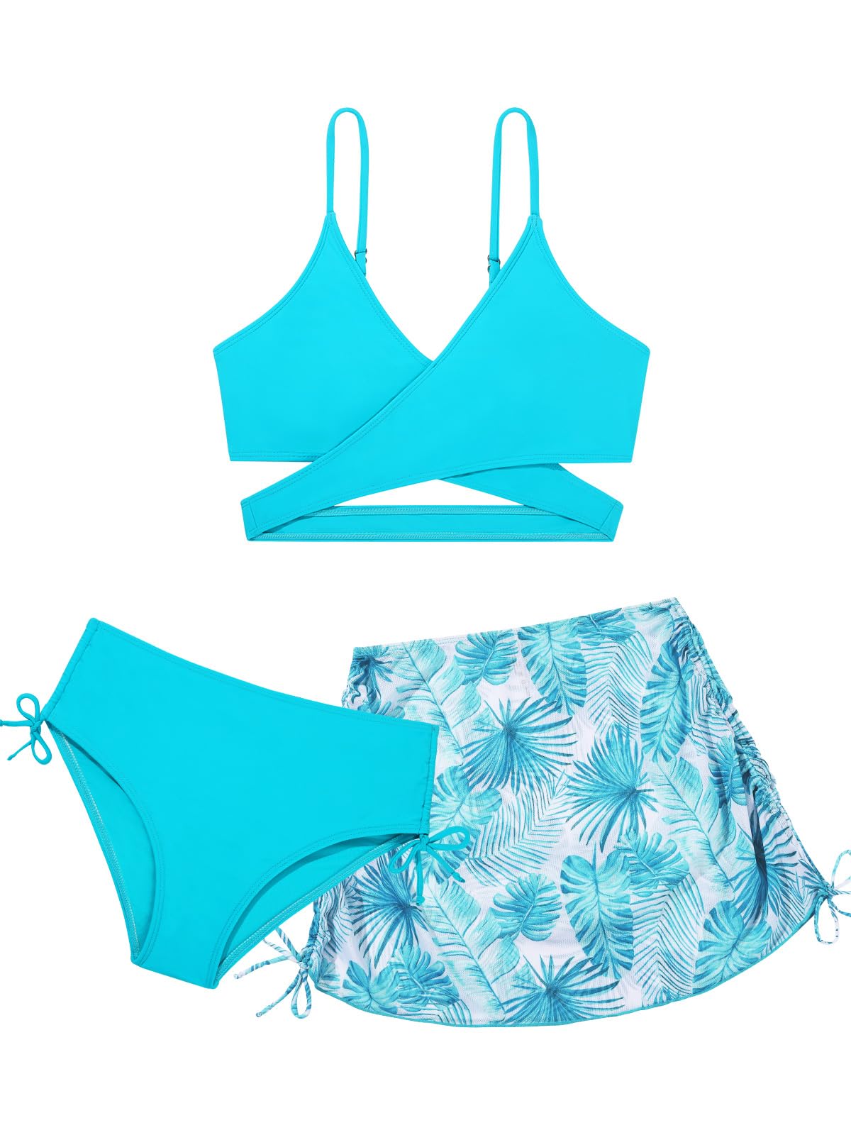 Girls 2 Piece Swimsuits with Skirts Criss Cross Swim Bathing Suits Teen Girls' Swimwear Adjustable Strap Bikini Set