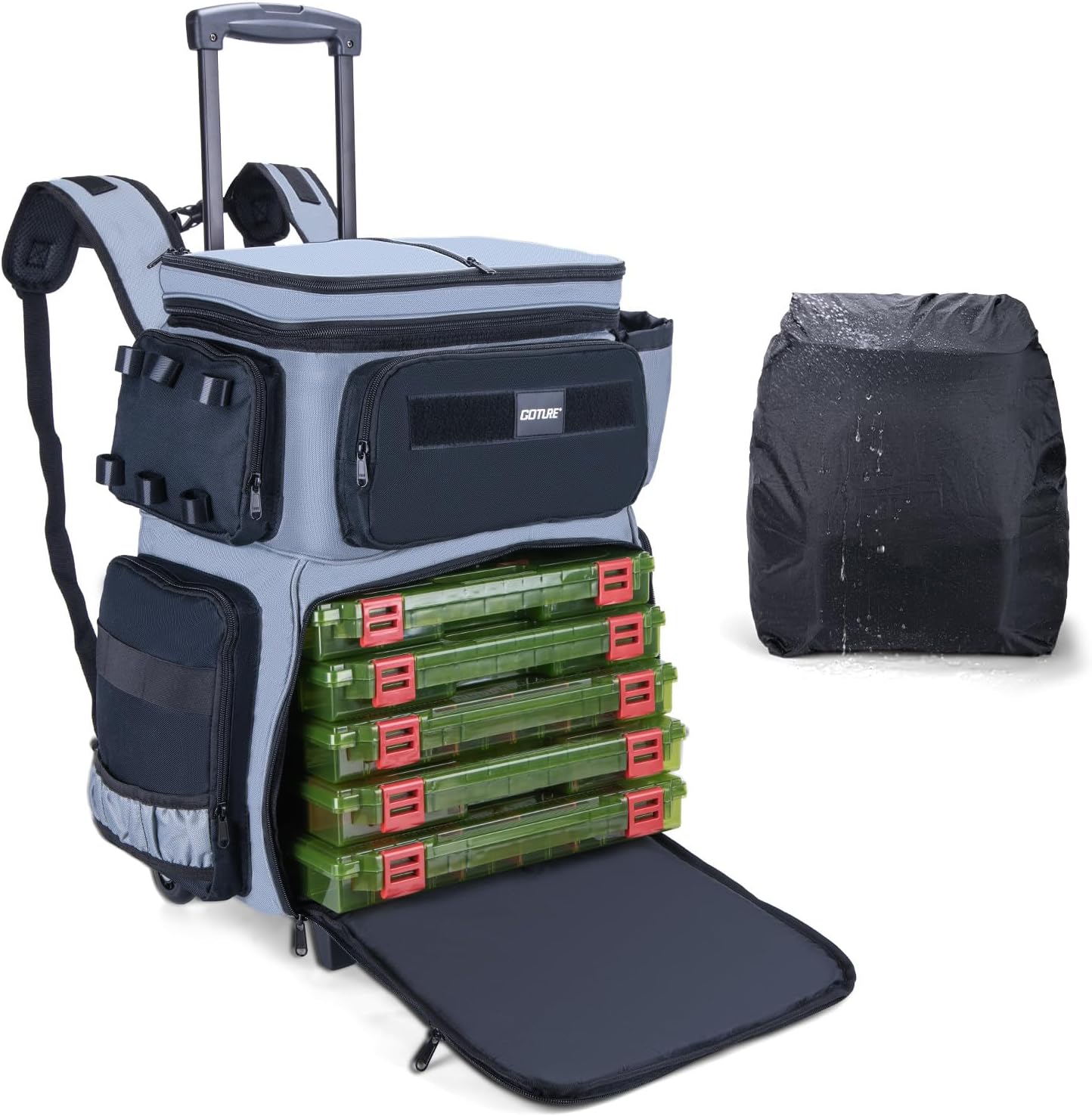 Goture 66L Rolling Tackle Box with Cooler, Large Fishing Bag with Wheels for 5 3700 Trays(Trays Not Included), Saltwater Resistant Tackle Backpack with Rod Holders & EVA Cover