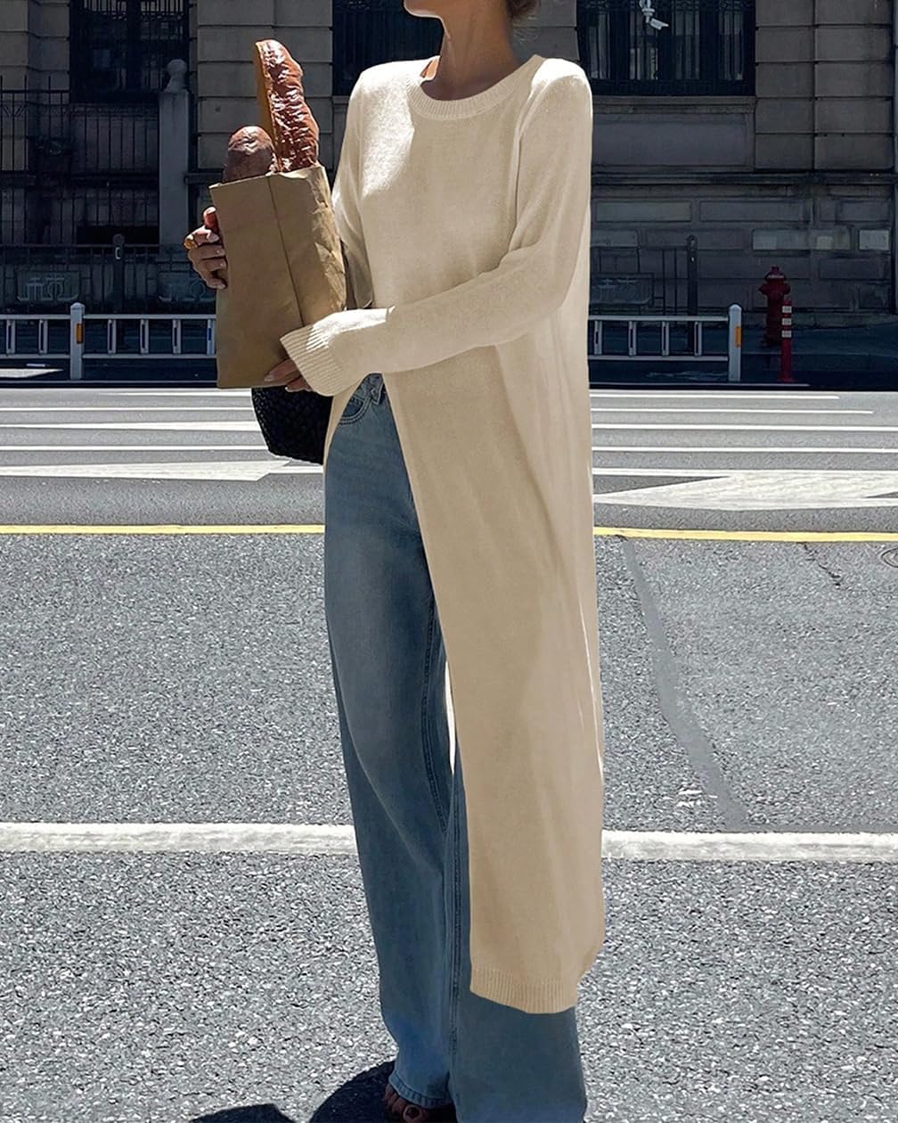Women Trendy Split Hem Crew Neck Maxi Knit Sweater Casual Loose High Slit Long Sleeve Long Dress Shirt Streetwear - Image 2