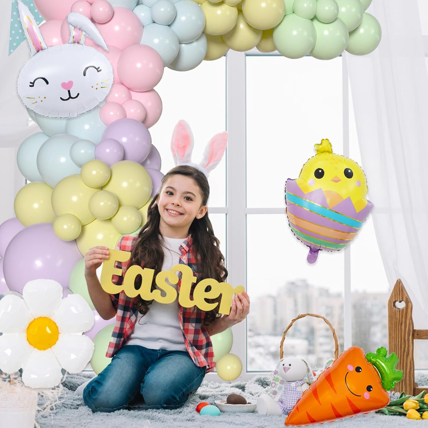 Easter Balloon Arch Kit, Easter Party Decorations With Pastel Balloons, Bunny Carrot Chick Daisy Foil Balloons For Spring Easter Bunny Themed Birthday Baby Shower Party Decorations