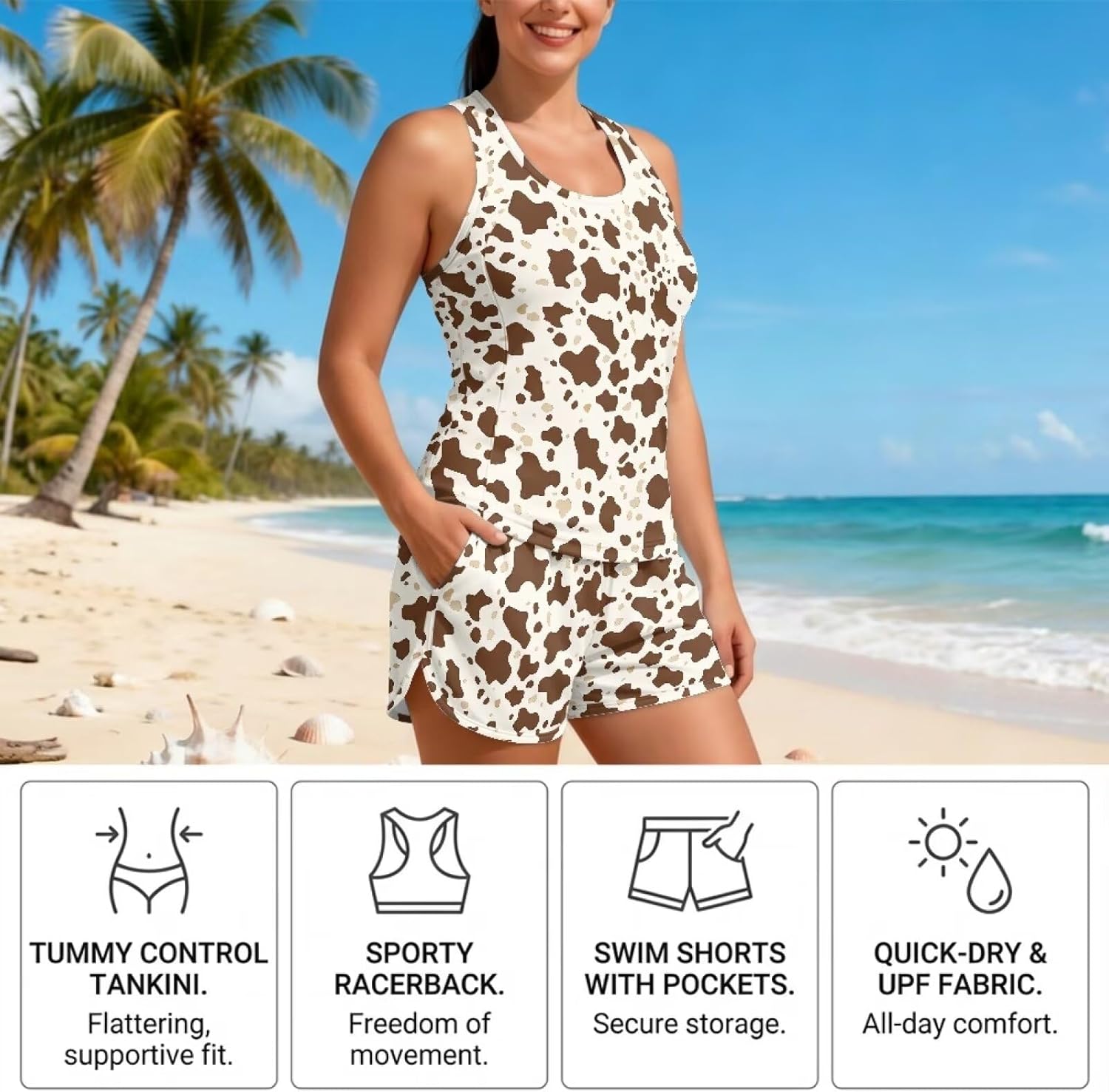 Women's Tankini Fashion Swimsuits Tummy Control Swimwear with Pockets Summer Bathing Suits for Beach Walk Travel S-6XL