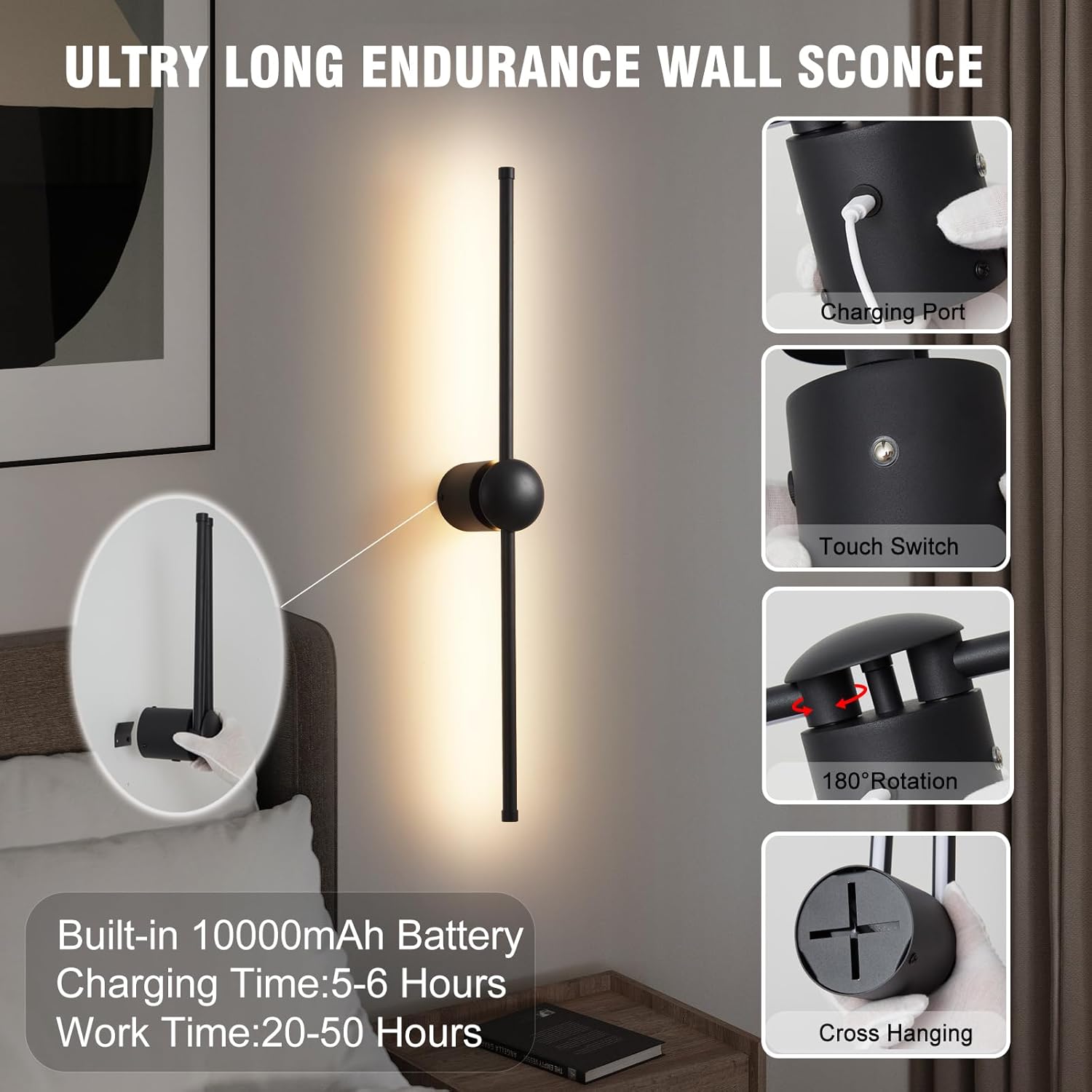 Battery Operated Wall Sconce Set of Two, Wireless Battery Powered LED Wall Lights with Remote, 360°Rotation, Rechargeable, Dimmable,Black Modern Cordless Wall Lamp for Living Room Bedroom