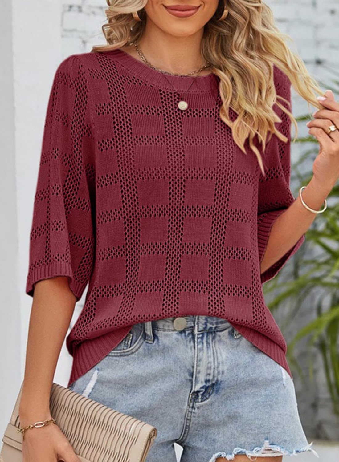 Dokotoo Women's Casual Short Sleeve Loose Tunic Tops Lightweight Crochet Knit Summer Sweaters Blouses - Image 3