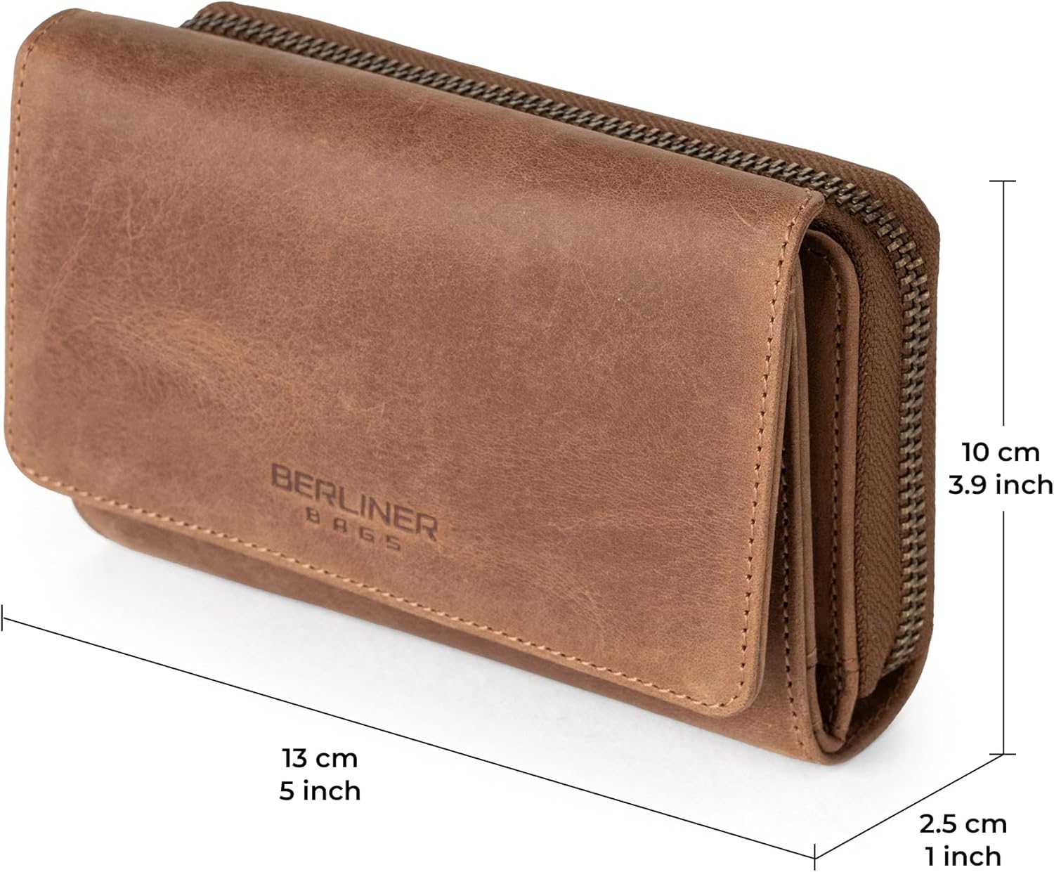 BERLINER BAGS Vintage Genuine Leather Wallet Vienna, RFID Blocking Credit Card Holder, Trifold Clutch Purses, Zip Around Womens Wallet for 19 cards, ID window, Bills, Coins - Brown - Image 8