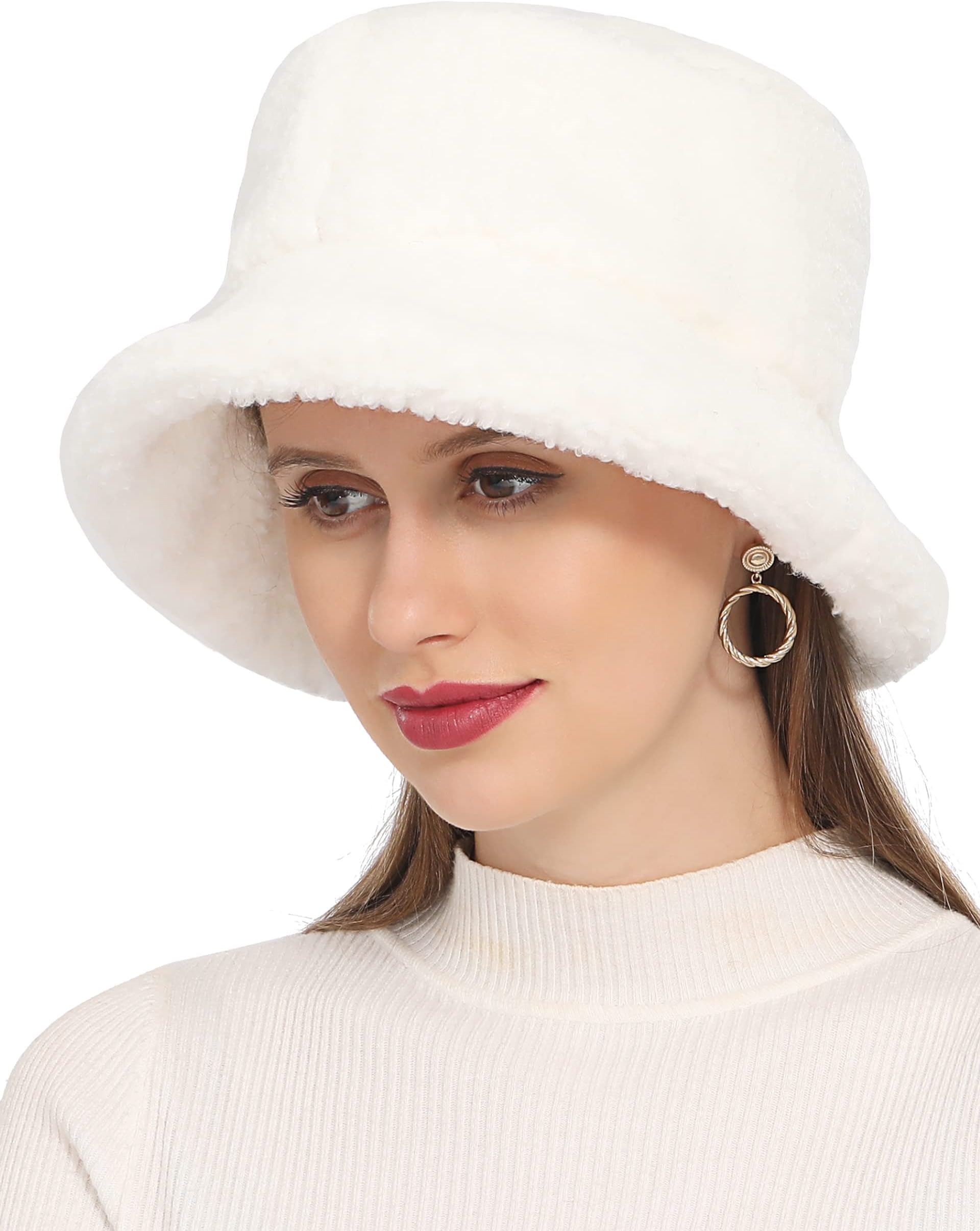 Rulala FancyWomen's Faux Fur Bucket Hat Teddy Style Cloche Hat Winter Furry Warm Fisherman Cap