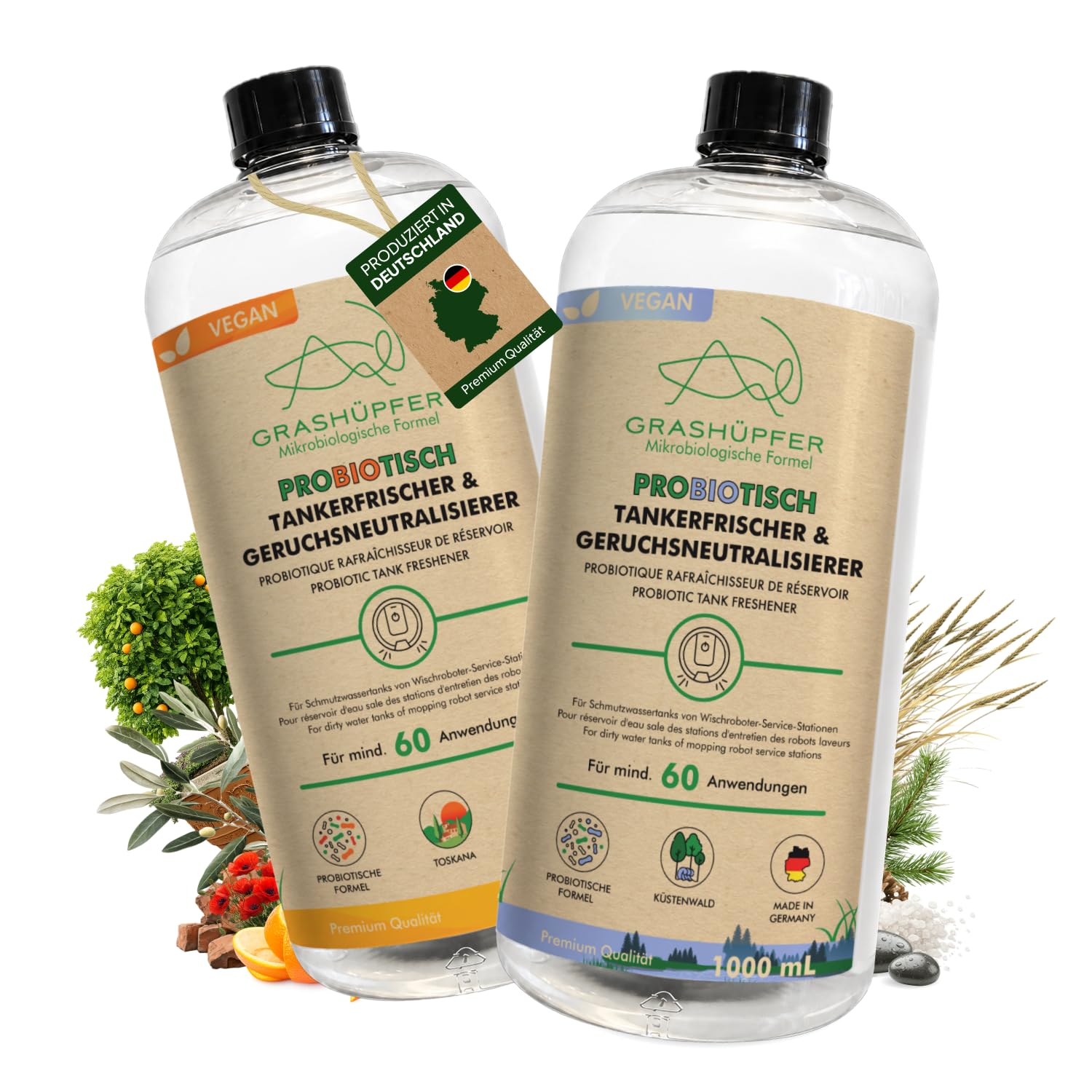 GRASHÜPFER® Eco Tank Freshener for Mop Robot Dirty Water Tanks [Probiotic] - Eliminates Musty Odours in Dirty Water Tank Organic [Coastal Forest & Tuscany Fragrance] - 2 x 1000 ml