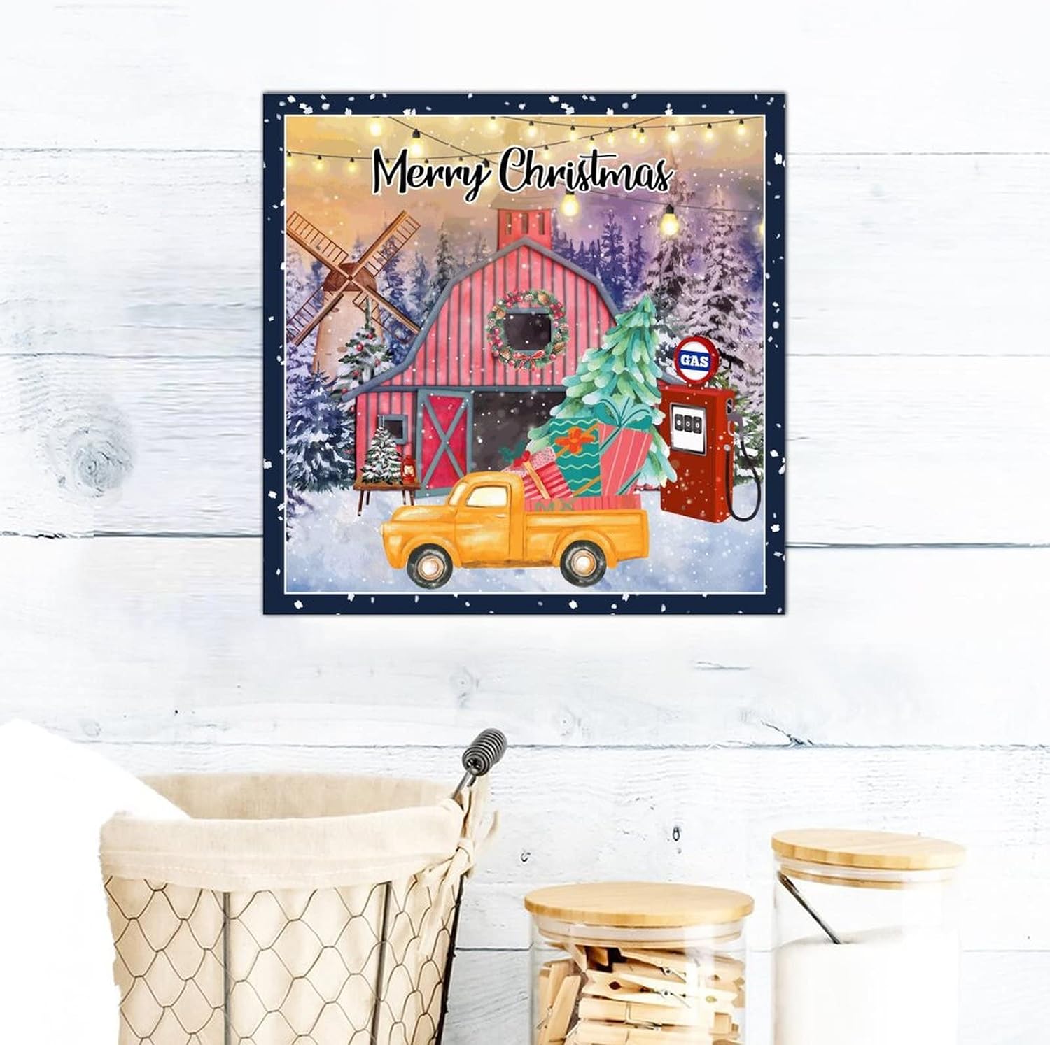 Christmas Gas Station Wood Signs Winter Farm Snow Tree Yellow Truck Hanging Wall Art Retro Merry And Bright Wood Hanging Wall Art Decorative For Home Office Kitchen Bathroom Bedroom 16x16in