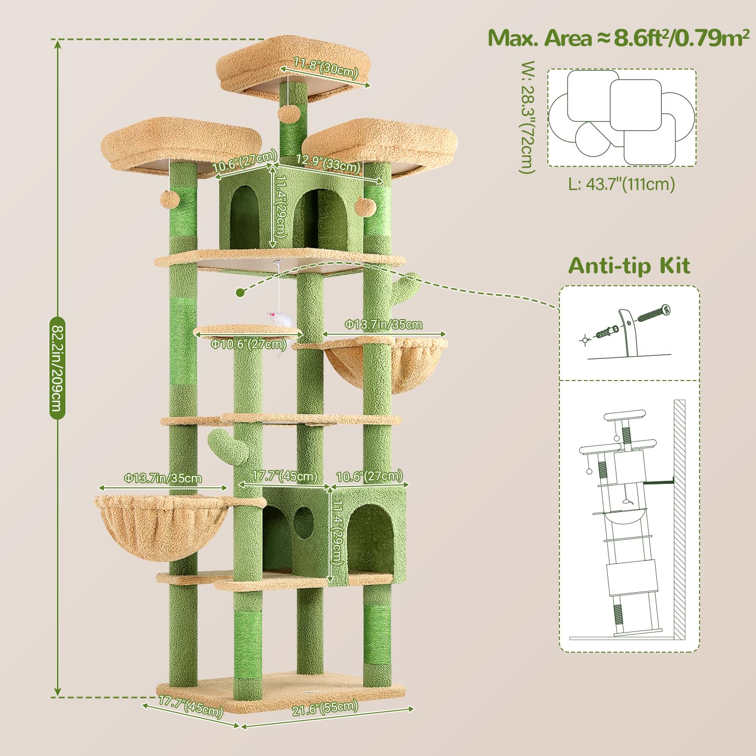 Globlazer Rascador para Gatos Verde Cactus XXL 209 cm con 3 Perchas Acolchadas, 2 Nidos, 2 Cesta, Grande Plataformas, Juguetes de Peluche, Lujo Árbol Rascador para 3-5 Gatos Interior (F82, Verde)