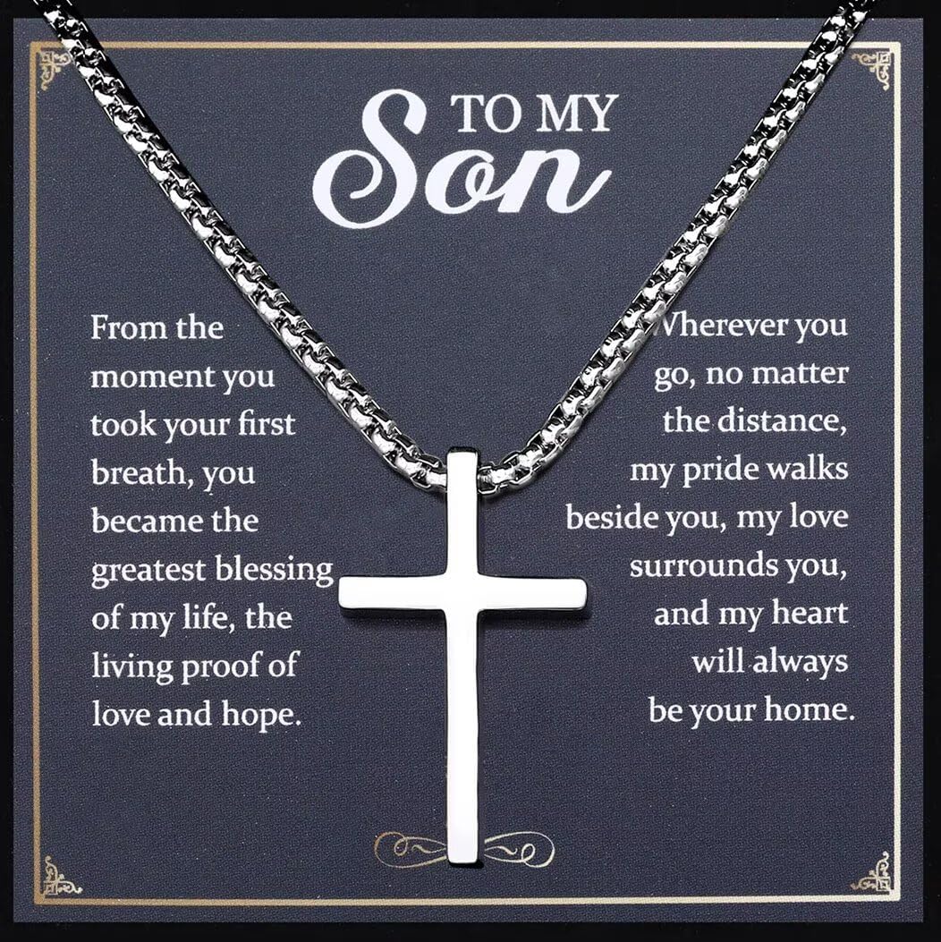 TEN MIRO Silver/Black Cross Necklace for Men Boy Stainless Steel Cross Pendant Necklace for Men Christian Religious Jewelry with Box & Card Birthday Anniversary Christmas Father's Day Gifts for Him
