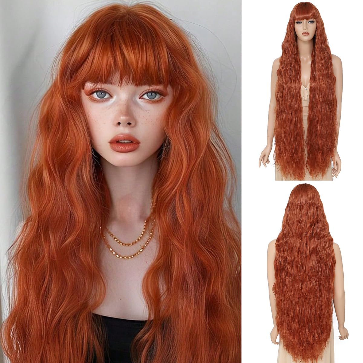 Long Wavy Wig with Bangs for Women,Wig Long Bangs Wig,Natural Looking Synthetic Heat Resistant Hair (13T, 40inch)