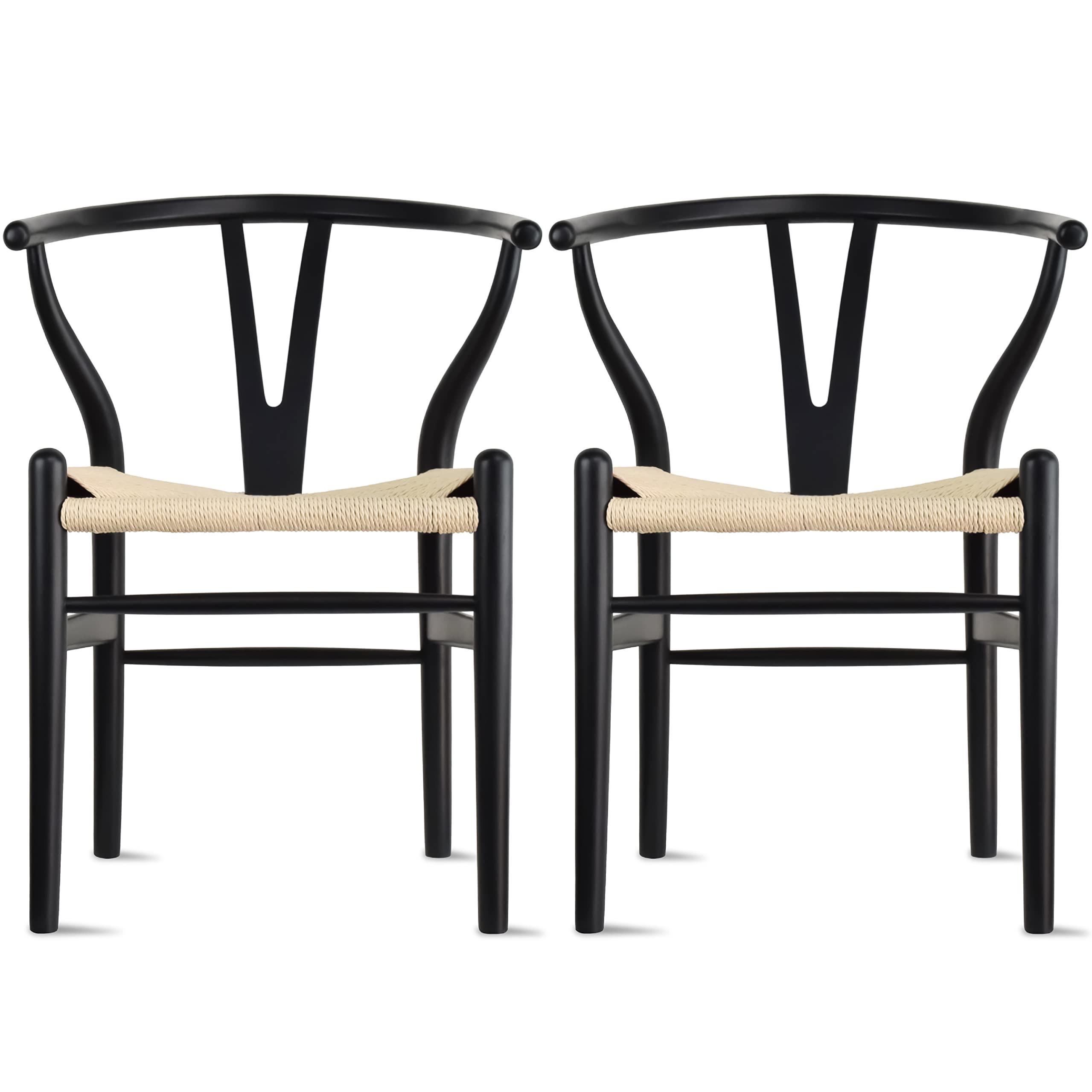 2xhome Set of 2 Wish Solid Wood Armchairs with Arms Open Y Back Farmhouse Dining Office Chairs with Woven Beige Seat (Black)