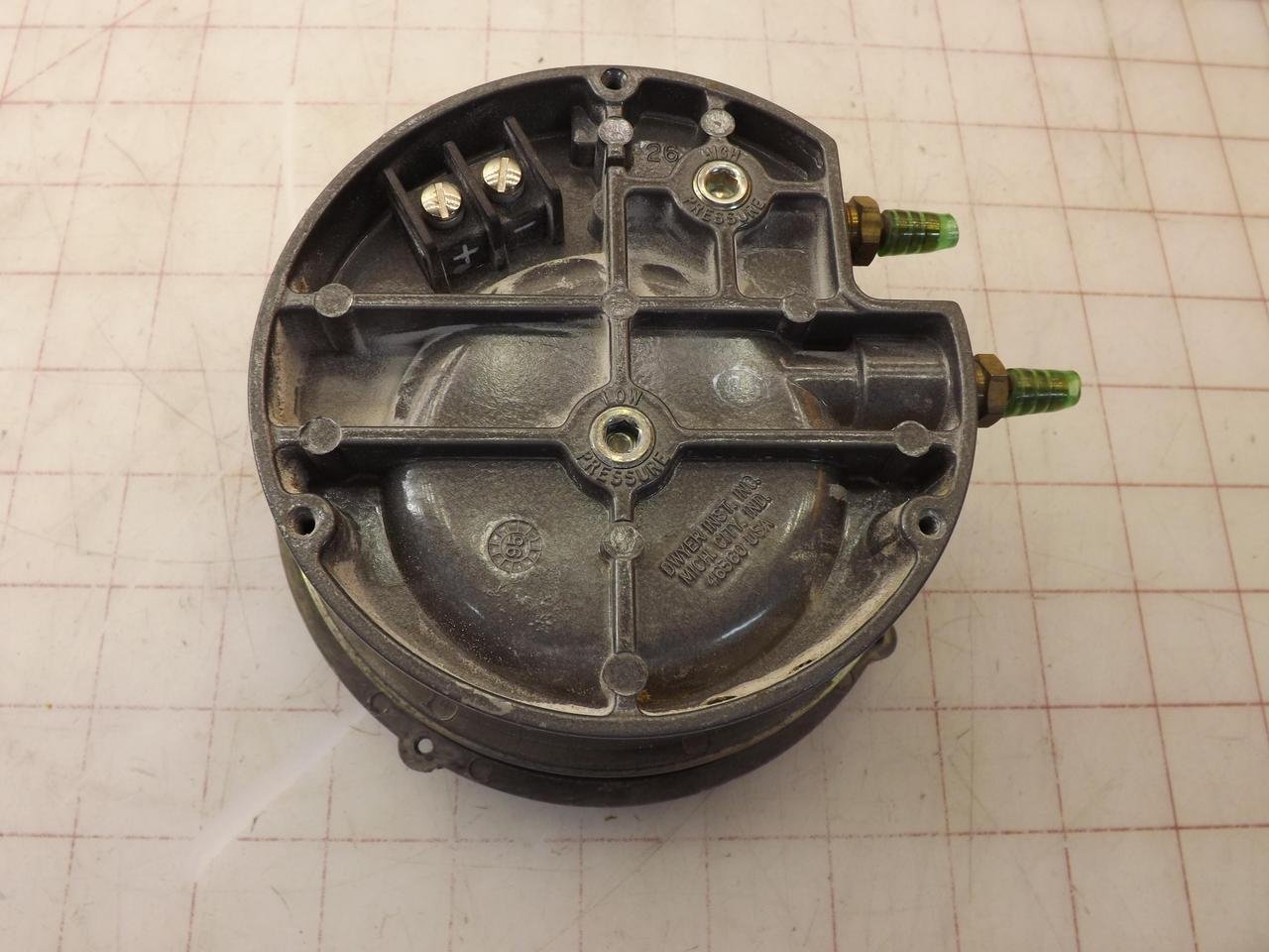 Rear view of the Dwyer Magnehelic Series 605 showing electrical terminals and pressure ports