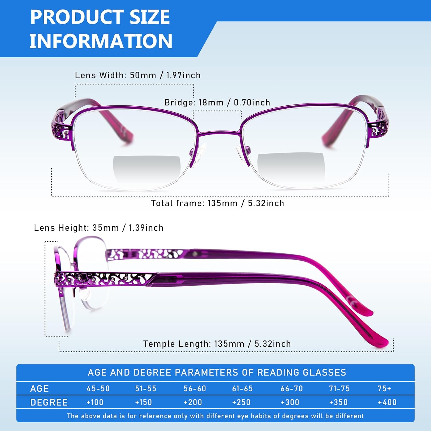 DEHOTRE Progressive Multifocal Reading Glasses Women No Line Bifocal Readers with Nose Pad Metal Half Frame Mid-Near Range