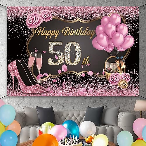 Miniatura 2 de AWERT Cartel de poliéster de 6 x 3.6 pies con texto en inglés «Happy 50th Birthday» para mujer, cartel de oro rosa para mujer, decoración de fiesta