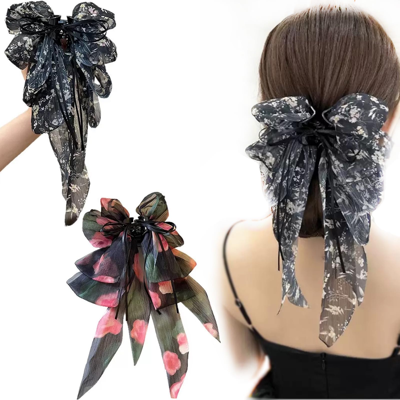 French Romantic Rose Hair Clip, 2Pcs Red Black Floral Design Ponytail Holder with Flowing Ribbon, Elegant Bun Hair Accessories for Women, High-End Back Clip for Wear-image-32