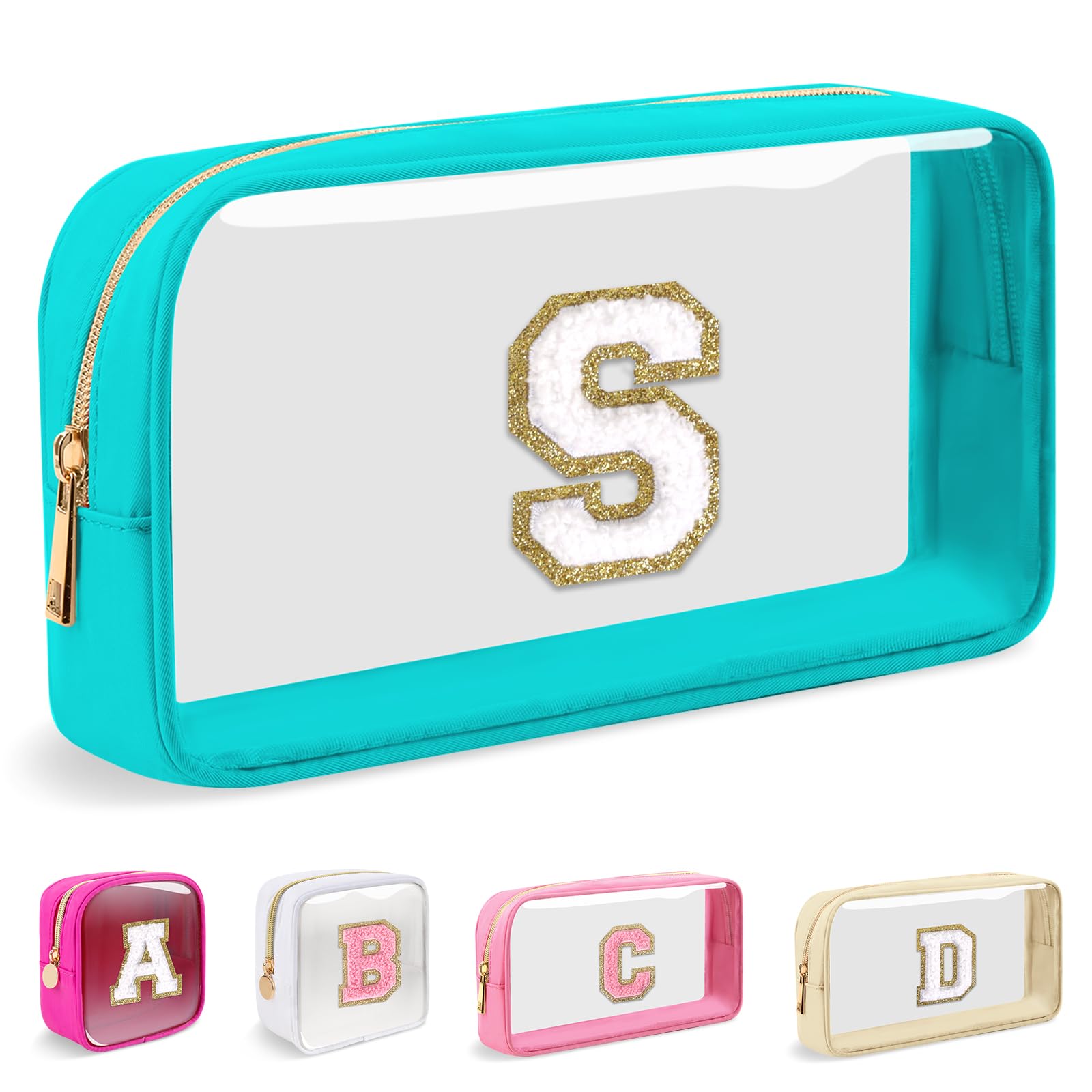 Small Clear Personalized Initial Makeup Bag,Nylon Preppy A-Z Chenille Letter Patch Cosmetic Pouch Beach Toiletry Bag,Waterproof Zipper Travel Purse