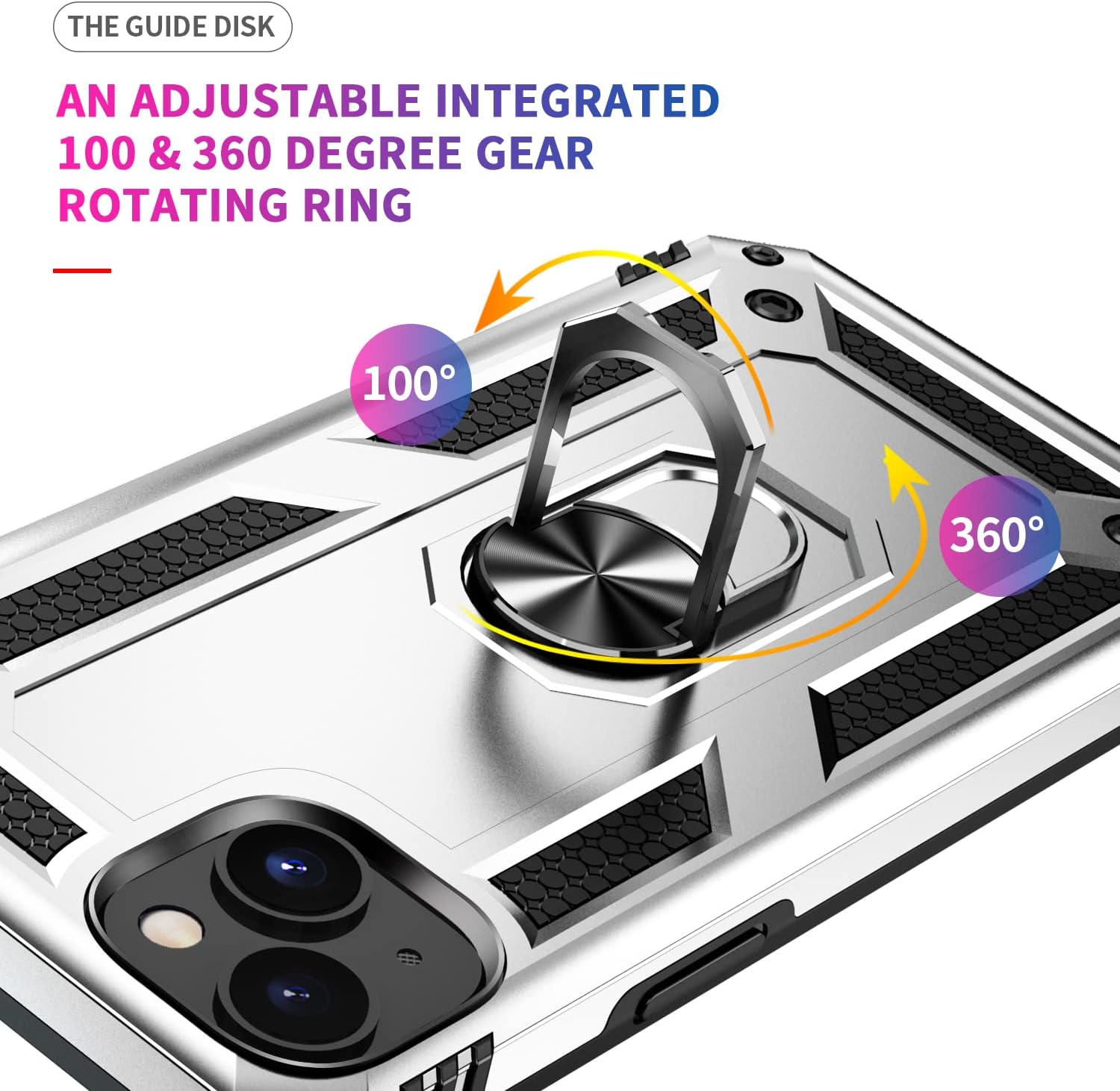 Dionsibei Military Grade Drop Impact for iPhone 14 Plus Case 360 Metal Rotating Ring Kickstand Holder Armor Heavy Duty Shockproof Case for iPhone 14 Plus Phone Case (Silver) - Image 6