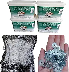 Kit Vela Artesanal: 1kg Cera de Coco+20un. Pavio 100% Algodão GROSSO B2040 21cm Alt + 20un. Ilhos
