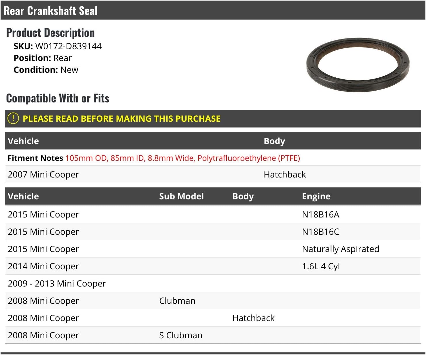 Rear Crankshaft Seal - Compatible with 2007-2015 Mini Cooper Hatchback