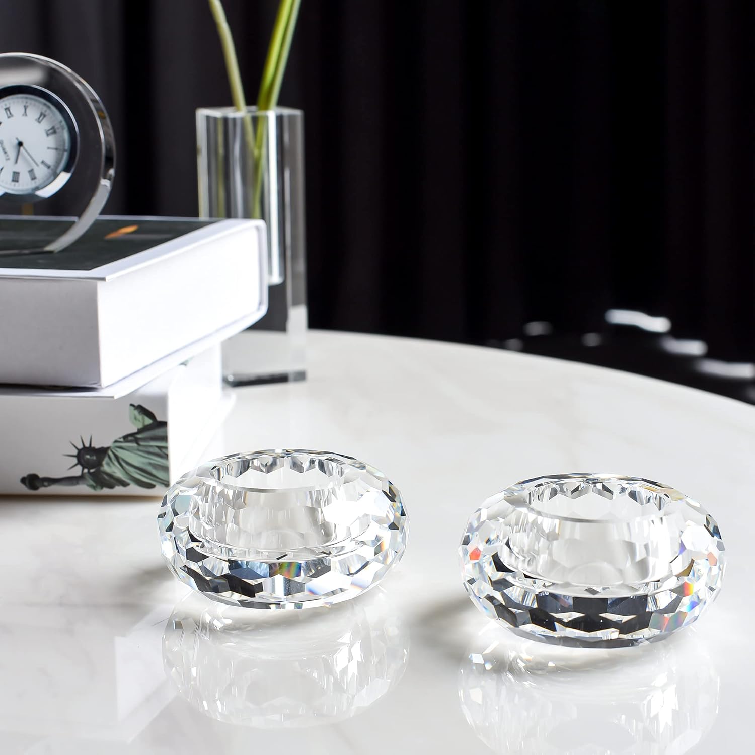 Kitcom Crystal Tealight Candle Holders Pack of 2, Hand-Cut Candle Holder Home Decor for Wedding Banquet Dinner 3.2" Diameter x 1.6" High, Clear - Image 7