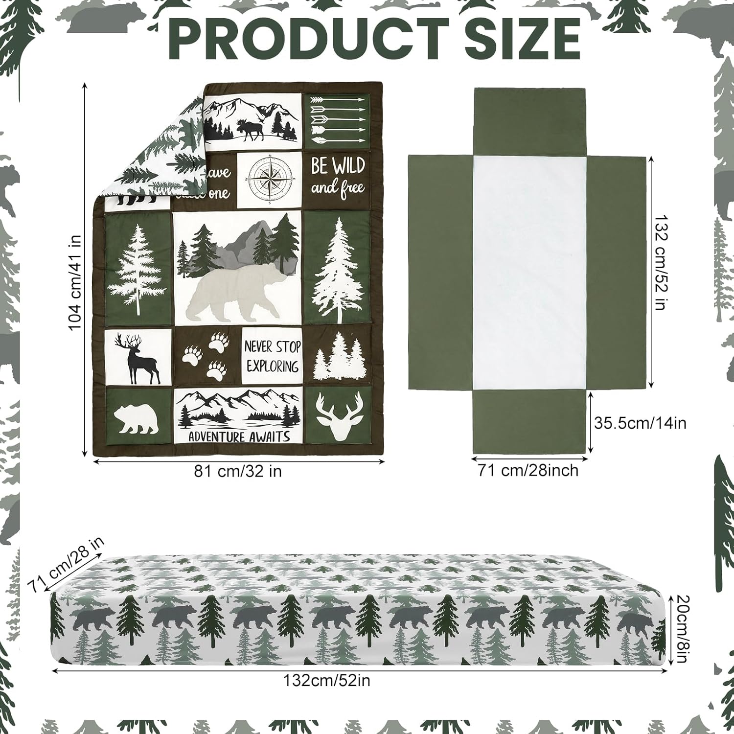 Hahafelt 3 Pcs Woodland Crib Bedding Set for Boys, Green Elk Bear Baby Crib Sets for Newborn, Infant & Toddler Nursery Bed Set Decor with Fitted Sheet, Dust Ruffle, Comforter