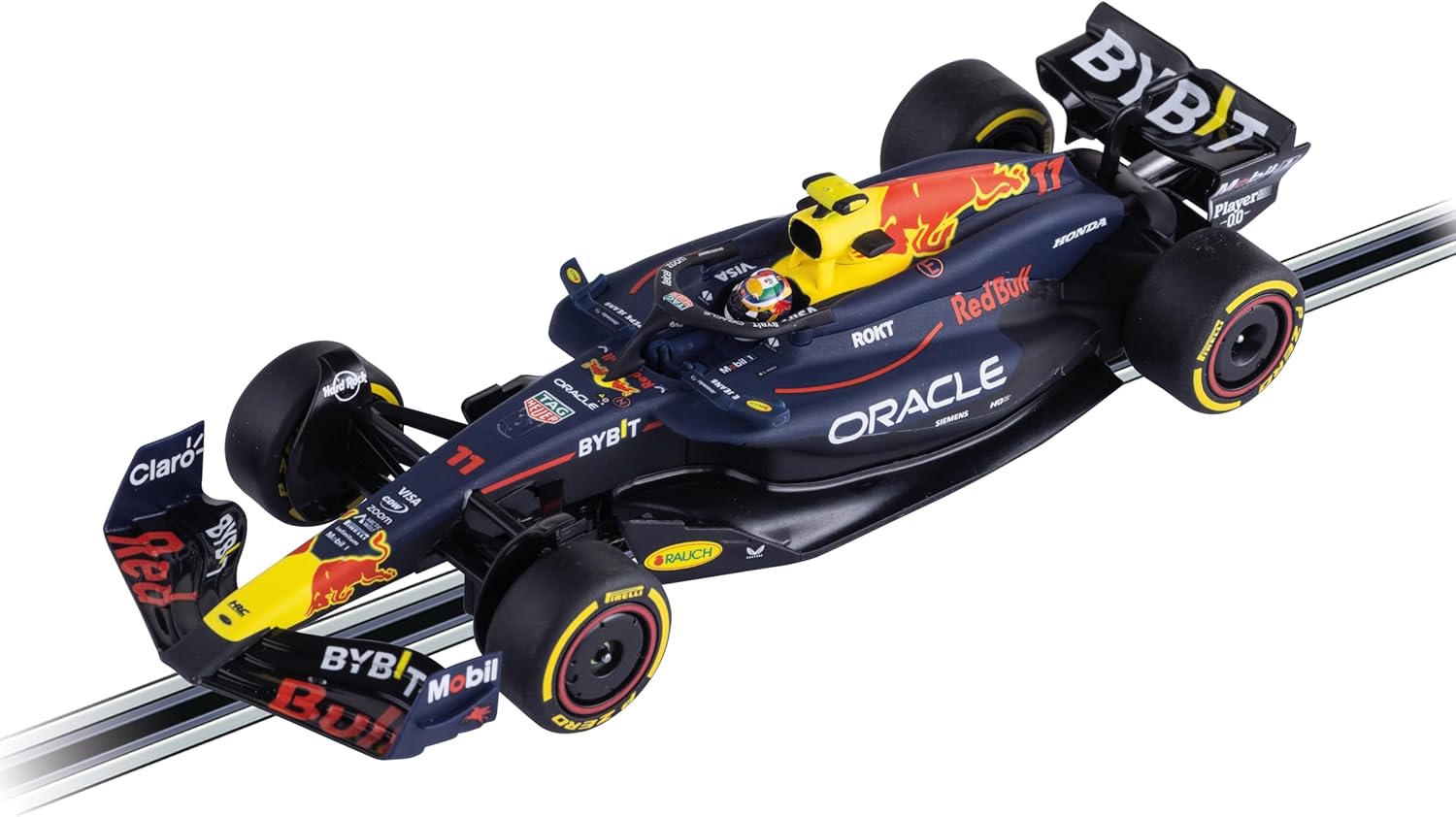 Close-up of the Red Bull Racing RB20 'S. Perez, No.11' slot car on the track.